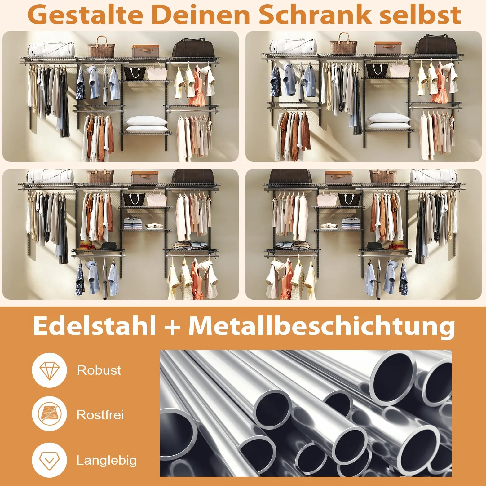 COSTWAY Zestaw drążków na ubrania montaż ścienny regulowany 122-244 cm regał z siatki metalowej