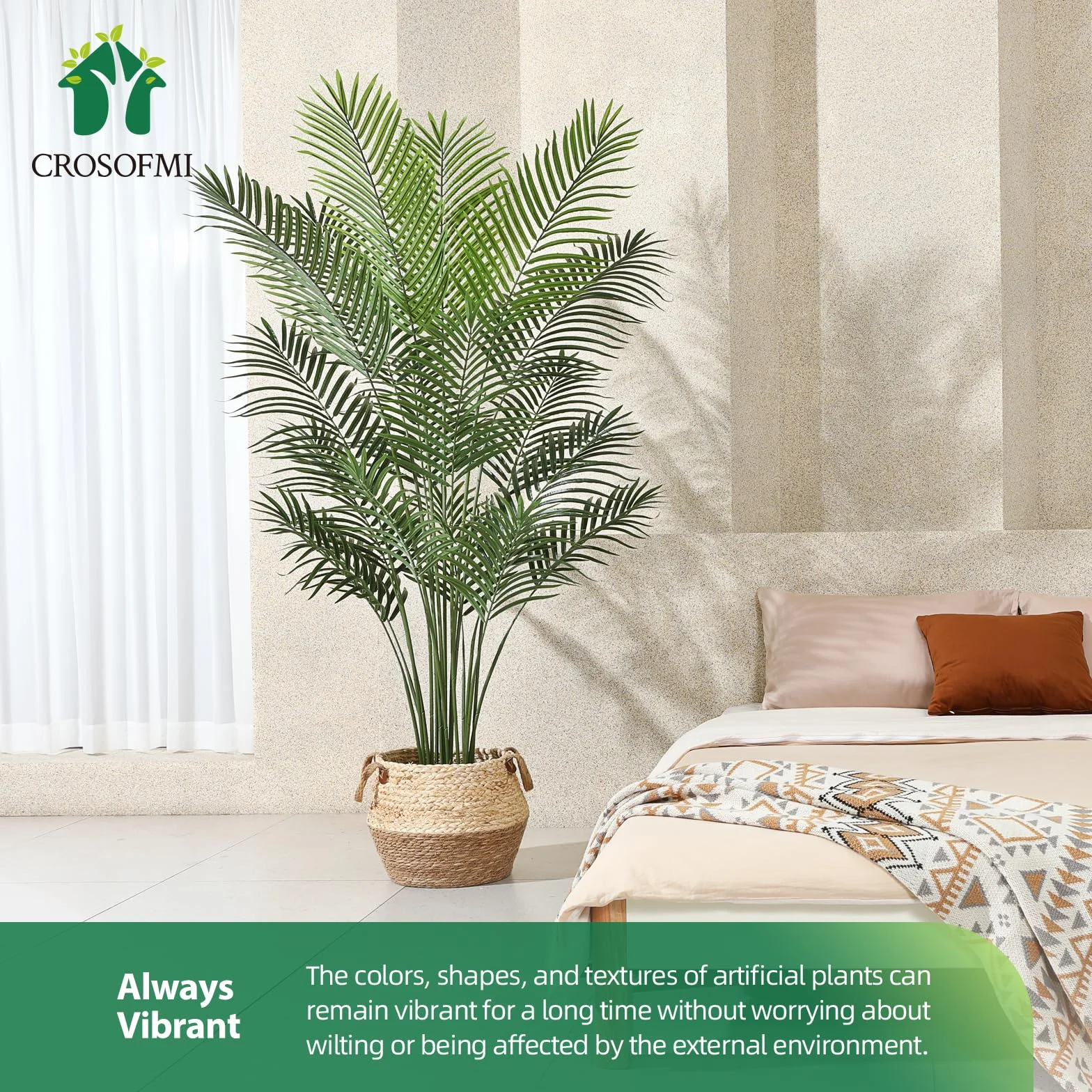 CROSOFMI Sztuczna palma Areca, 160 cm, sztuczna palma tropikalna, idealna sztuczna dypsis Lutescens, rośliny w doniczce, do wewnątrz, na zewnątrz, do domu, biura, ogrodu, nowoczesna dekoracja, prezent