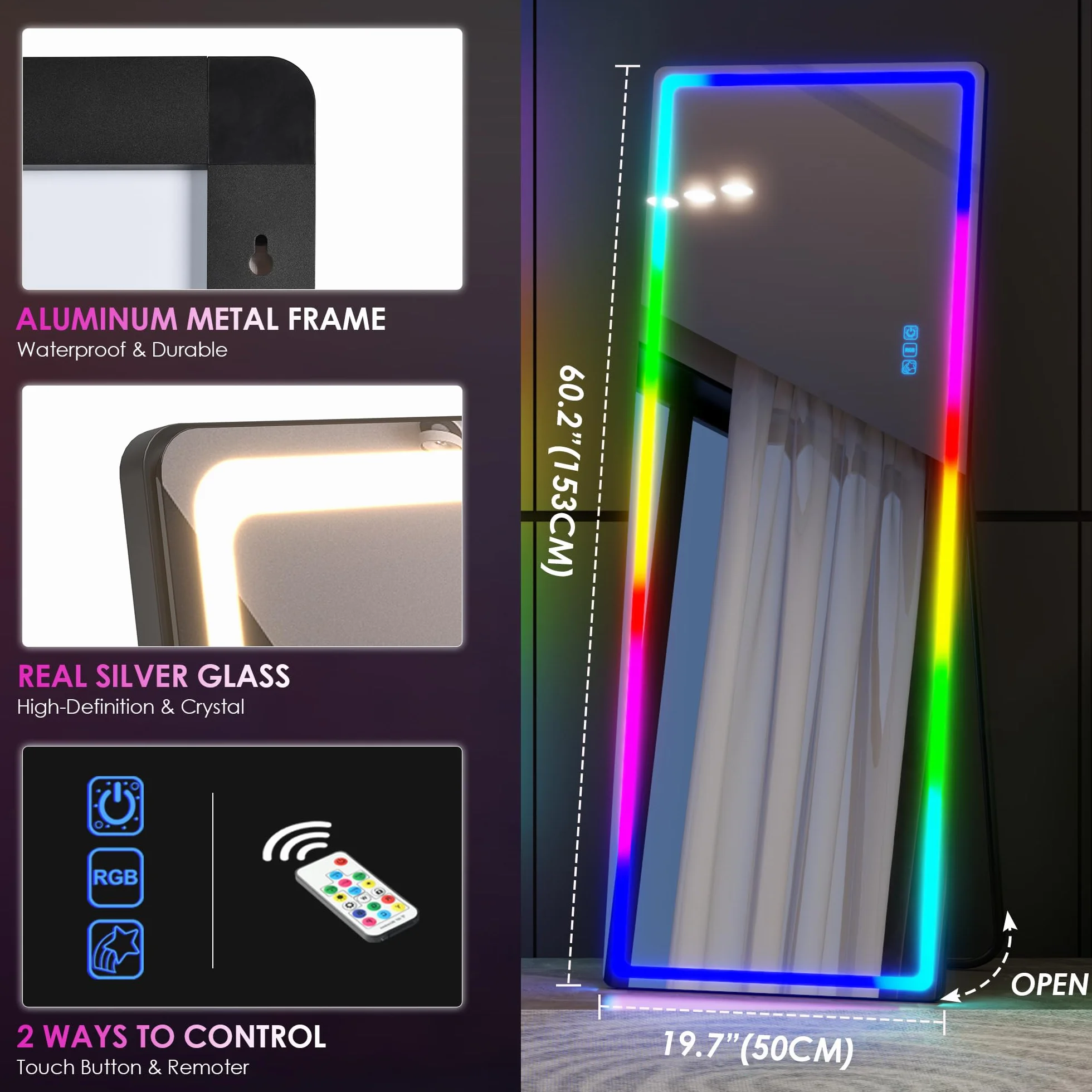 LVSOMT Lustro pełnowymiarowe RGB z oświetleniem, 153 x 50 cm, lustro stojące pełnowymiarowe bez ramy, duże lustro ścienne LED do sypialni, salonu, 7 trybów dynamicznych i 7 kolorów światła, czarne