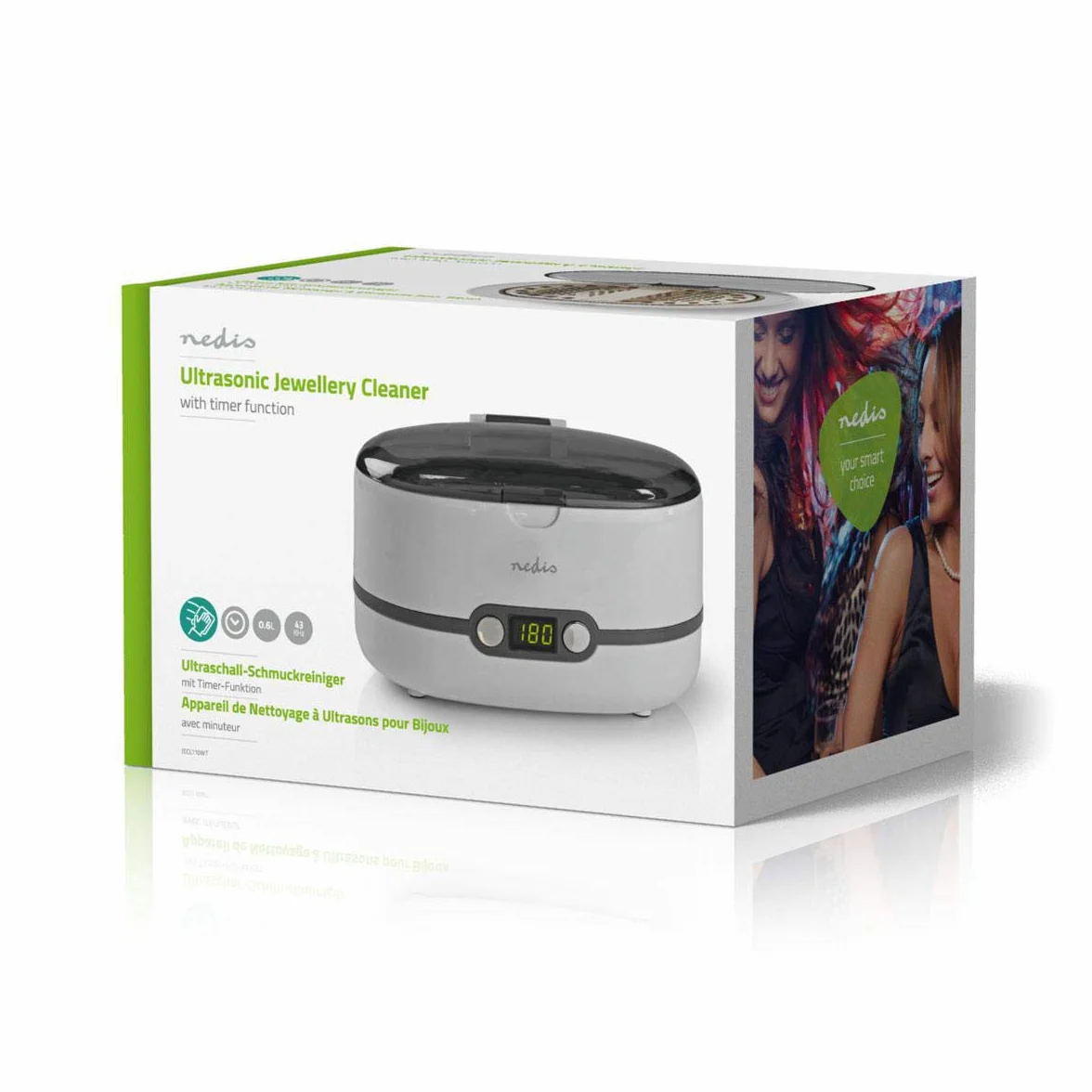 Nedis Cyfrowy ultradźwiękowy środek czyszczący do biżuterii, 43 kHz, soniczne czyszczenie, zbiornik 600 ml, 3 tryby, w tym odpienianie, timer LED, Plug & Play, biały