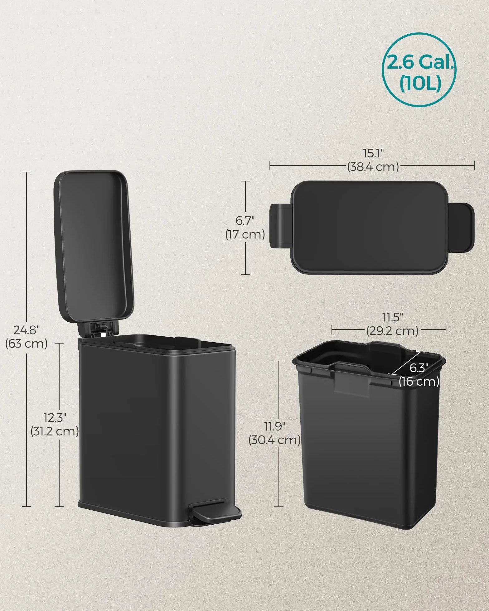 SONGMICS Zestaw wiadro kosmetyczne i szczotka do WC 10 litrów czarny LTB561B10
