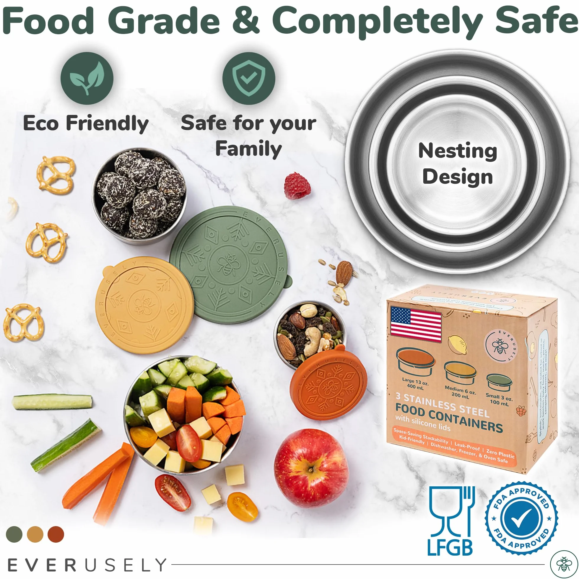 Everusely Stainless Steel Food Containers 3 Pack Leakproof Metal Lunch Box