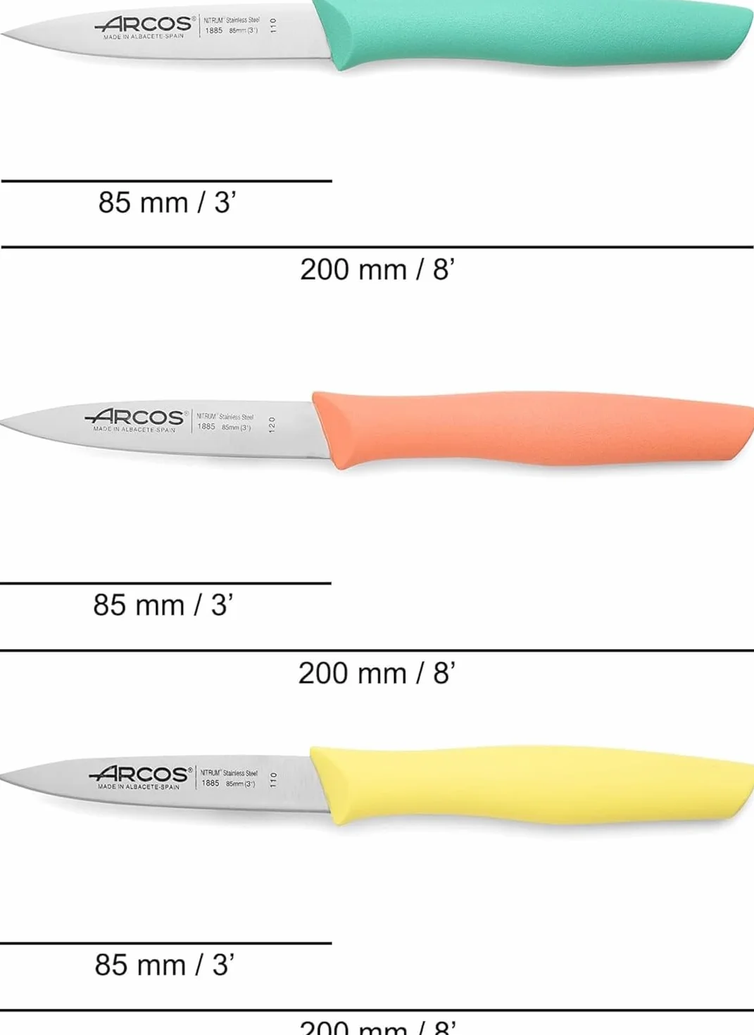 ARCOS Zestaw noży kuchennych Paring 3 sztuki stal POM ergonomiczna rękojeść Nova pomarańczowy żółty niebieski
