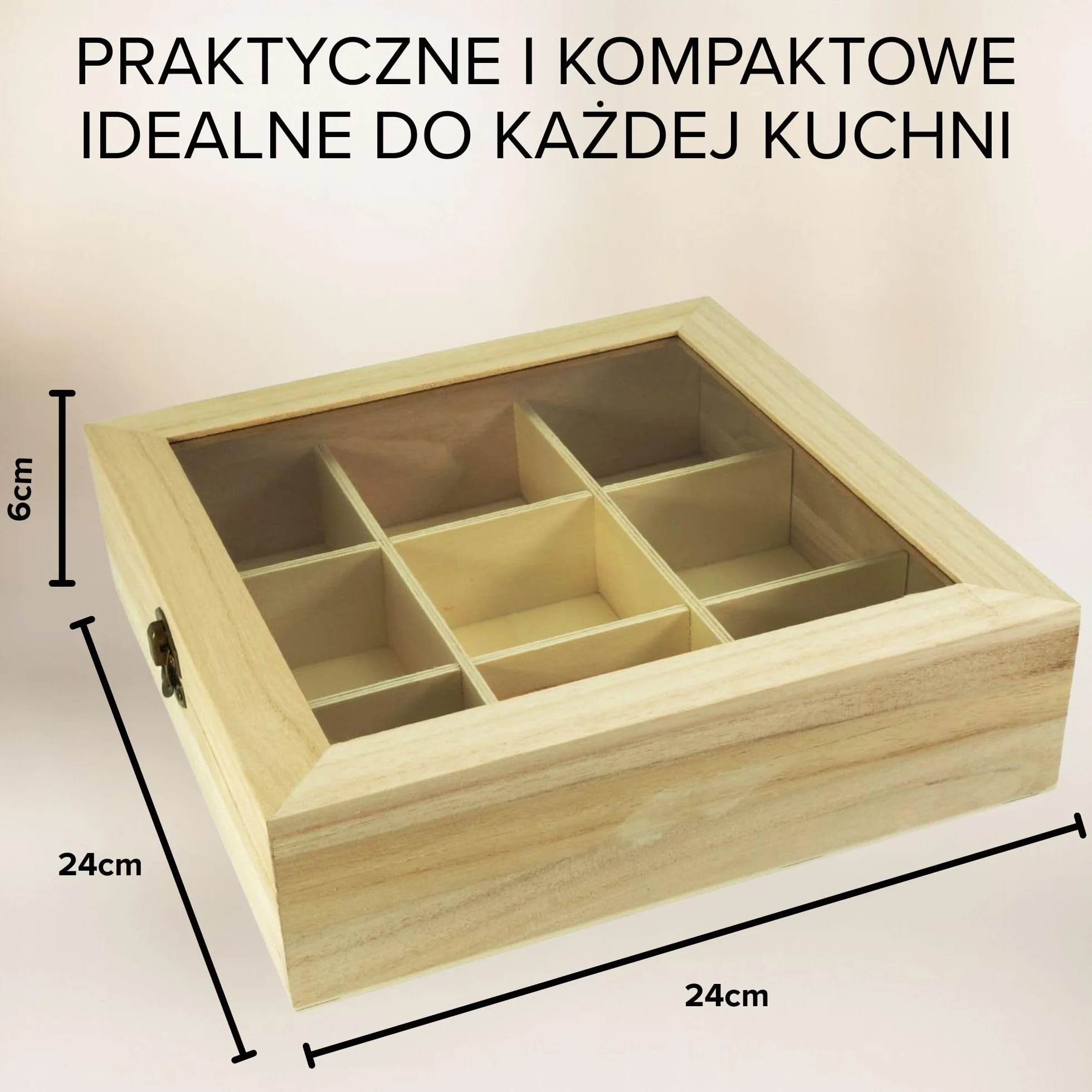 Incutex drewniane pudełko na herbatę organizer 9 przegródek przezroczysta pokrywa jasnobrązowy