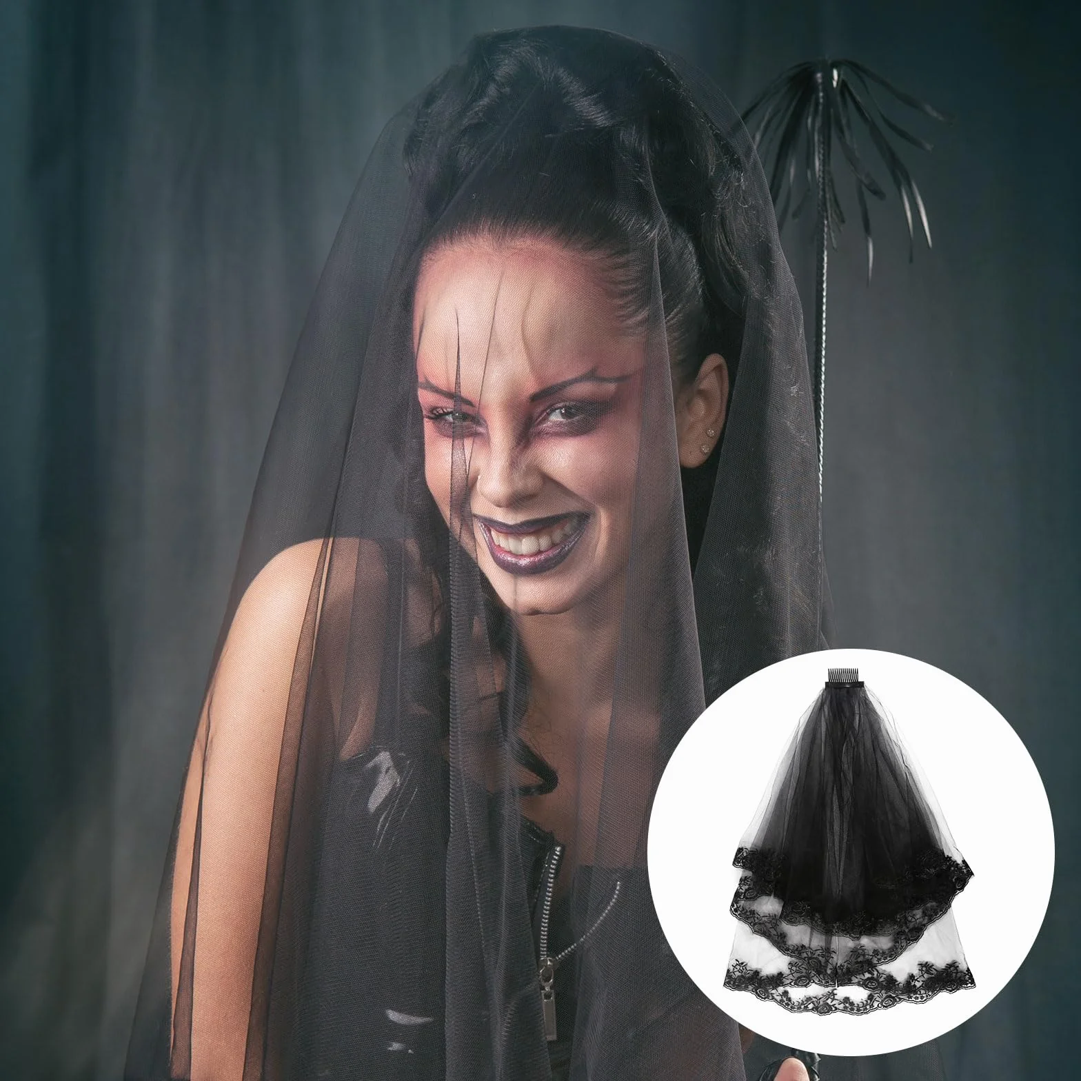 2 sztuki welonów na Halloween, czarny welon z koronki, welon z koronki, dla panny młodej, na wesele, imprezę cosplay, nakrycie głowy, rekwizyty fotograficzne, 2 sztuki
