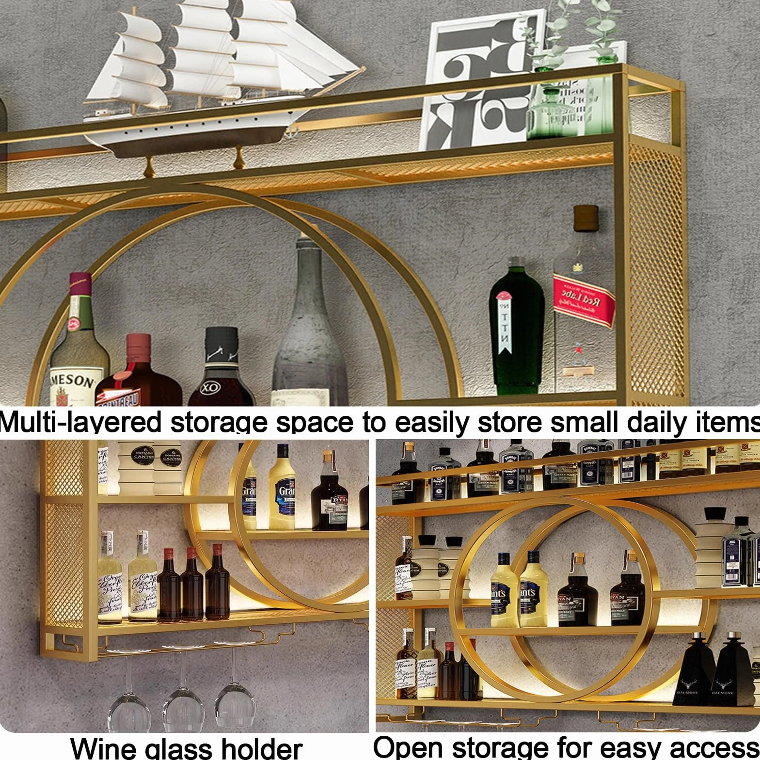 Stojak na wino, ścienne stojaki na wino, ścienny stojak na wino ze światłem LED, żelazna półka na alkohol z uchwytem na kieliszki do wina, pływające ścienne półki na wino, nowoczesny wyświetlacz do