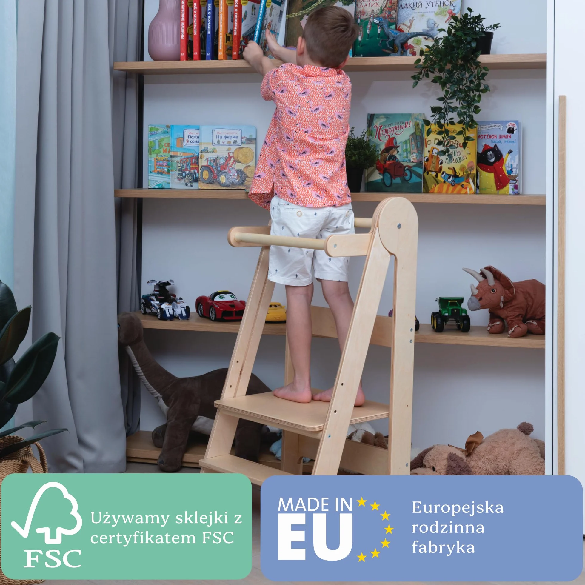 TOYBOX Wieża Edukacyjna Montessori Składany Pomocnik Kuchenny z Poręczą Naturalne Drewno