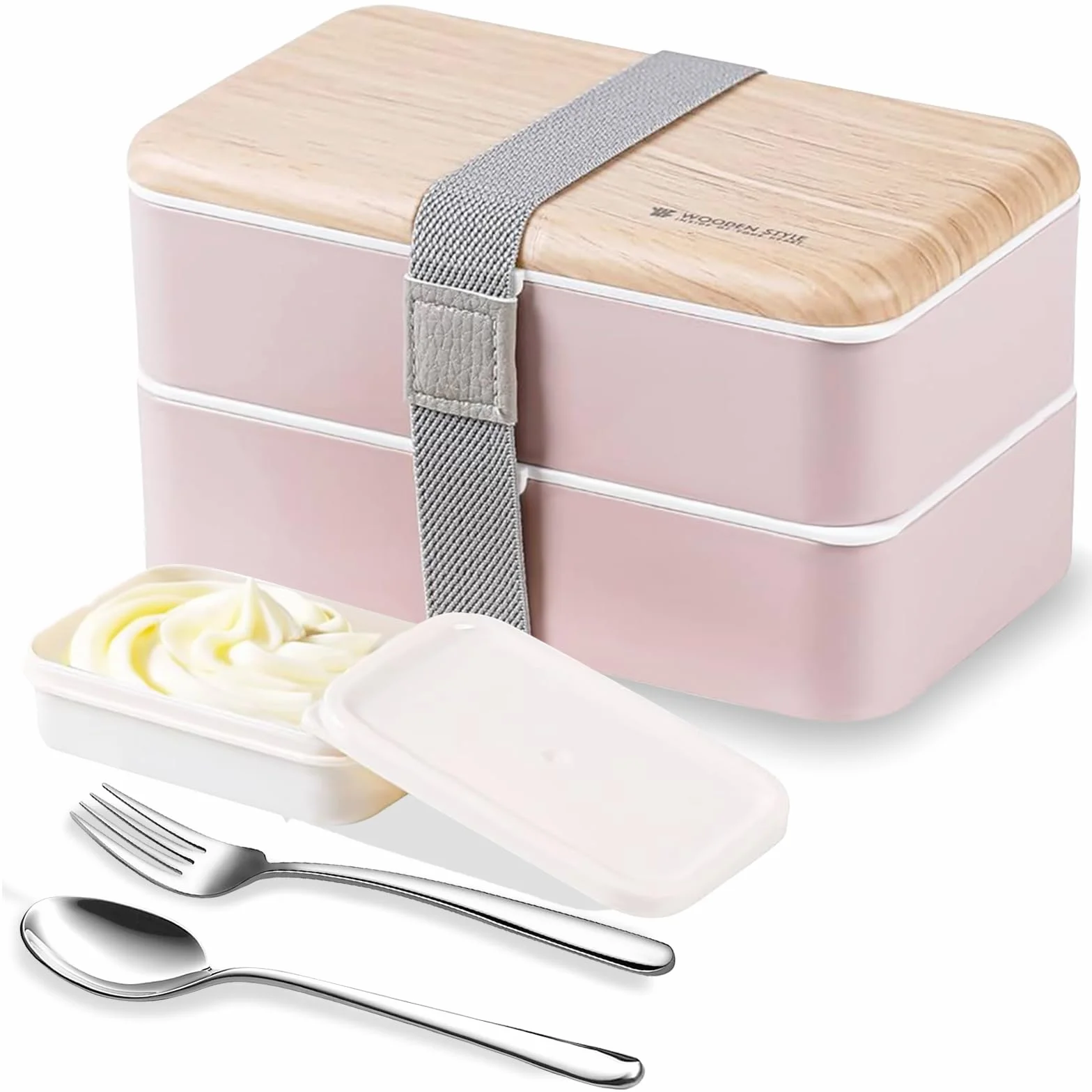 Binoster oryginalny pojemnik na żywność bento, lunchbox, w stylu japońskim, z taśmą i podziałką, łyżka i widelec ze stali nierdzewnej, kolor różowy