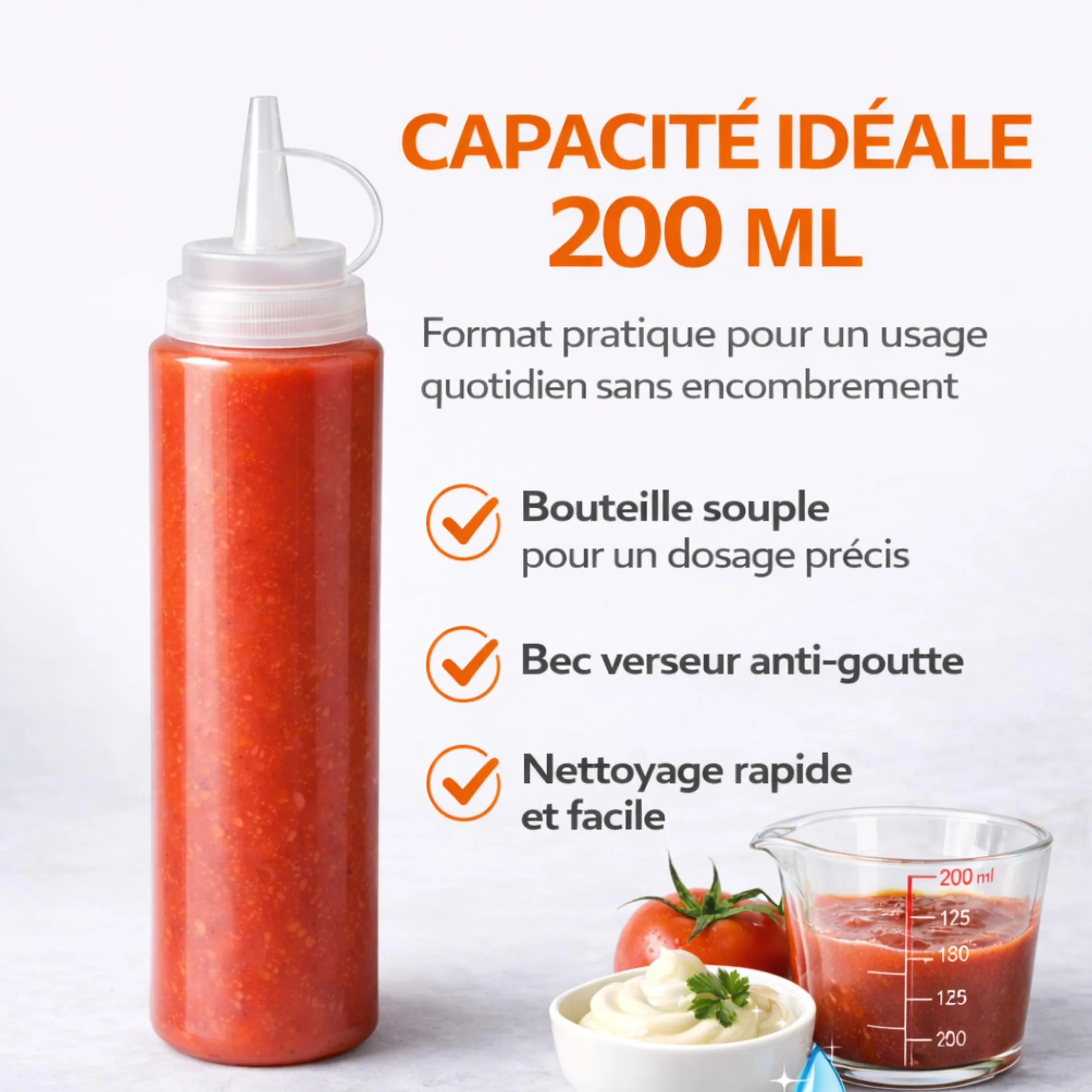 PARENCE. 200ml garnek na sos - przezroczysta butelka soku z pokrywką - Kuchenny dozownik na ketchup, majonez, olej i ciasto