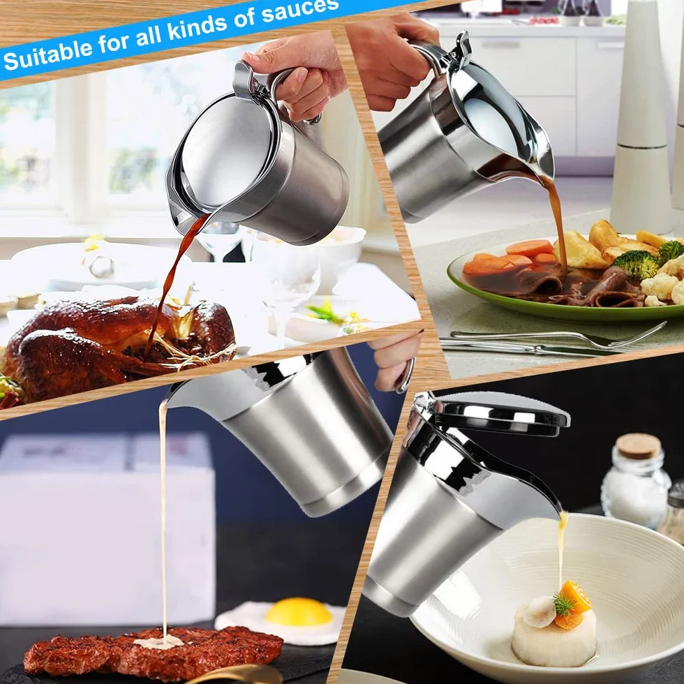 Sosownica 500 ml dzbanek na sos ze stali nierdzewnej dzbanek do serwowania dzbanek termiczny z podwójną ścianką garnek do sosu na sos termos dzbanek izolowany dzbanek na sos z pokrywką do sosu, kremu, sosu (500 ml)