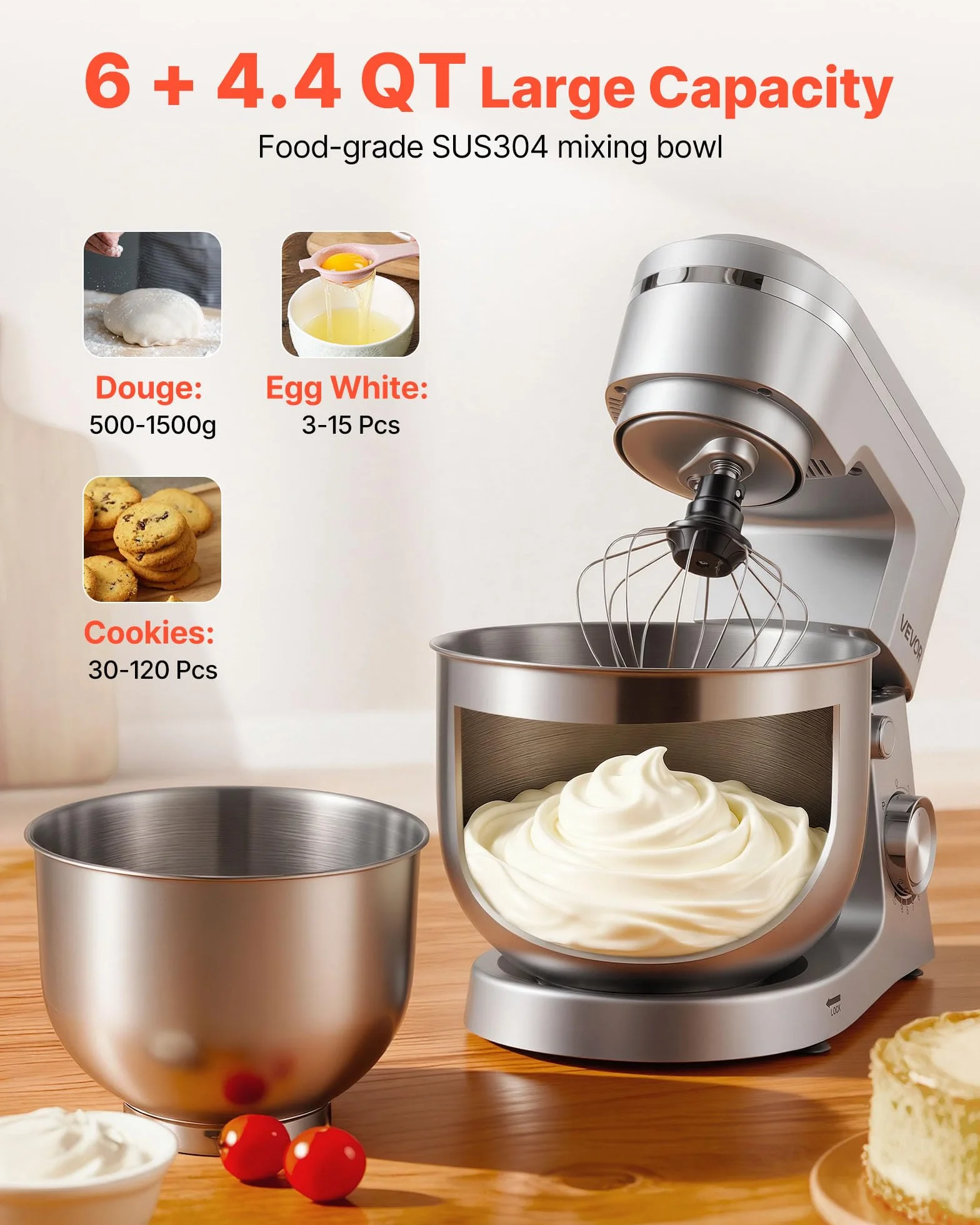 VEVOR Blender stojący 1500 W, miski ze stali nierdzewnej 4,2 + 5,7 l, 10-biegowy, srebrny