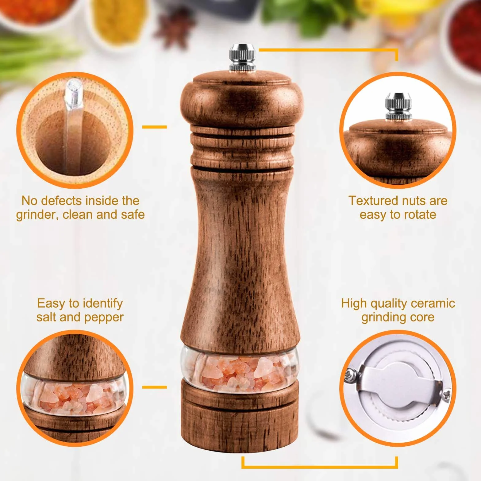 IAGORYUE młynek do pieprzu i soli, zestaw 2 młynek do soli pieprzu, ręczny młynek do soli i pieprzu, regulowany ceramiczny młynek do przypraw i przypraw 6,5 cala, do soli morskiej, chilli, pieprzu