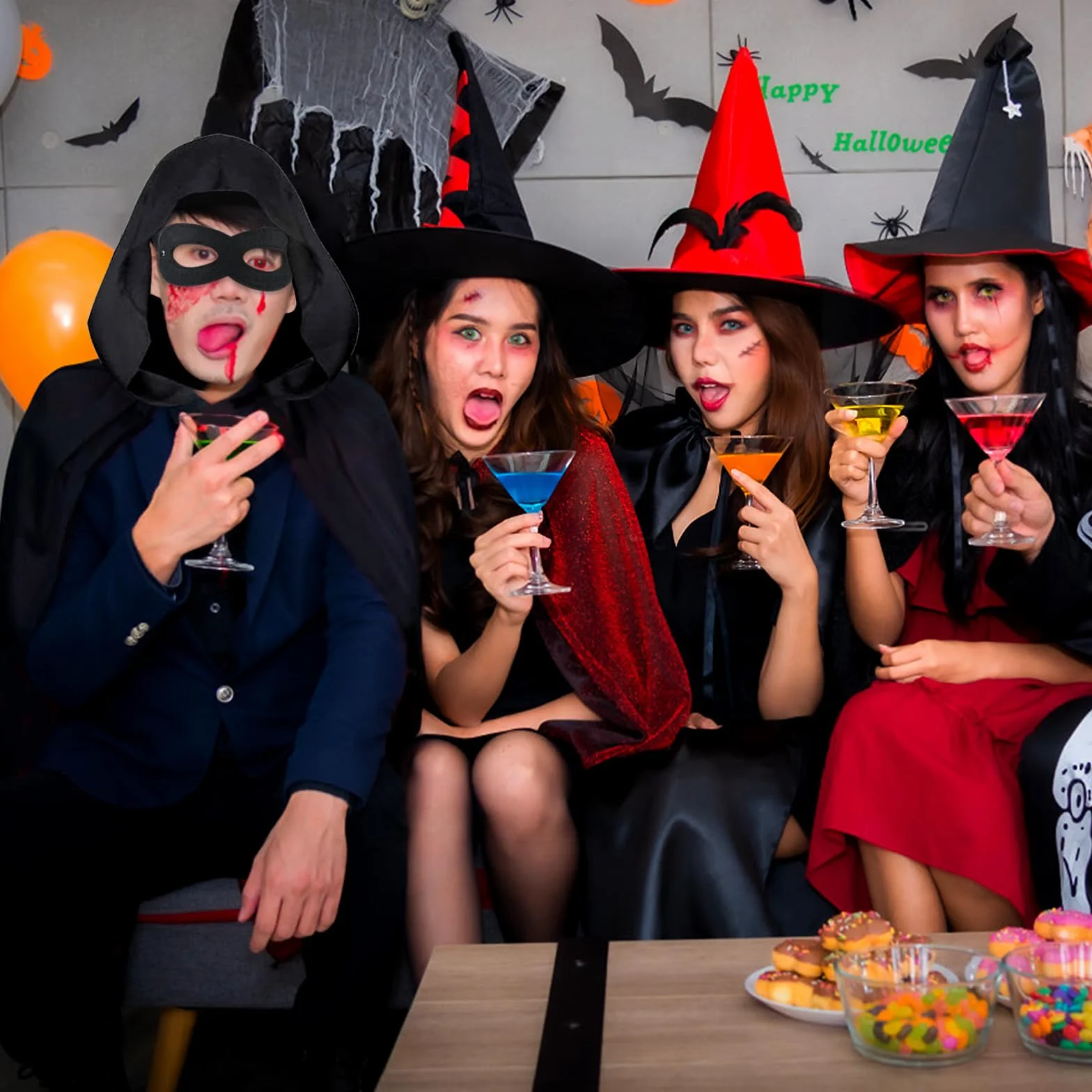 AKONE Peleryna na Halloween z kapturem, unisex, czarna, na Halloween, zestaw dla dorosłych, kostium wampira, kostium na Halloween, średniowieczny szlafrok, 180 cm