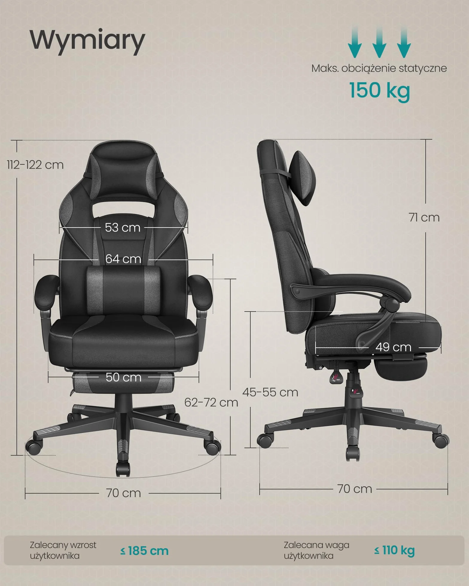 SONGMICS Fotel gamingowy, fotel biurowy z podnóżkiem, fotel biurowy z zagłówkiem i podparciem lędźwiowym, regulowana wysokość, ergonomiczny, nośność do 150 kg, kolor atramentowo-szary OBG073BH20