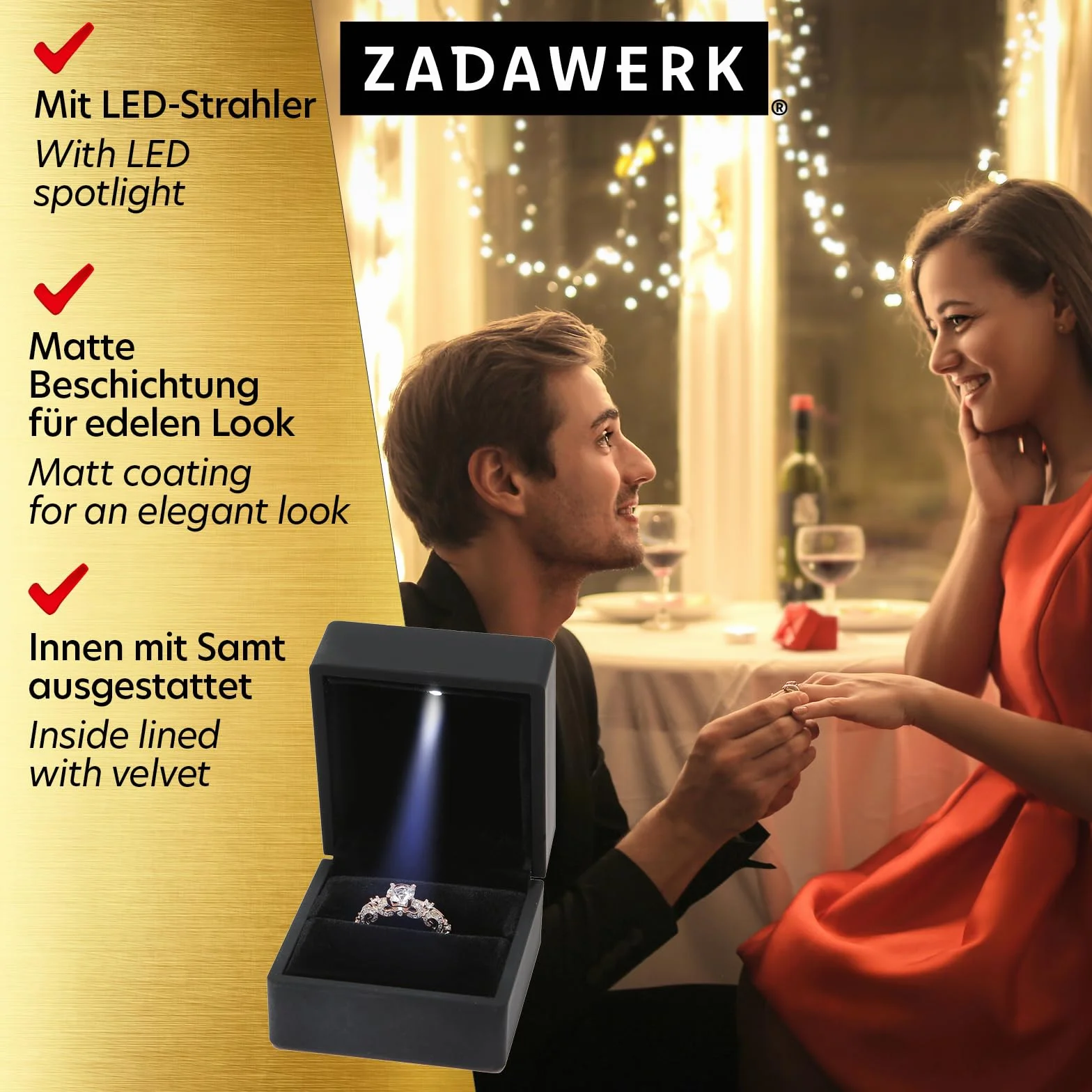 Pudełko na obrączki - z diodą LED - czarne - biżuteria, ślub, zaręczyny, zaręczyny