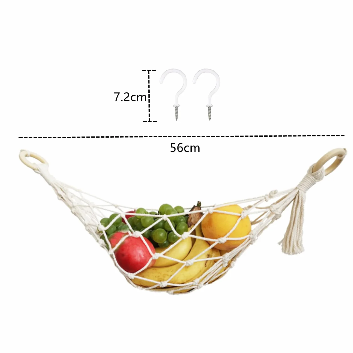 Uchwyt na owoce siatka 66 cm wiszący kosz na owoce warzywa hamak pod szafką kosz bananowy 100% bawełna ręcznie tkany z 2 haczykami śrubowymi do przechowywania w kuchni domu kamperów