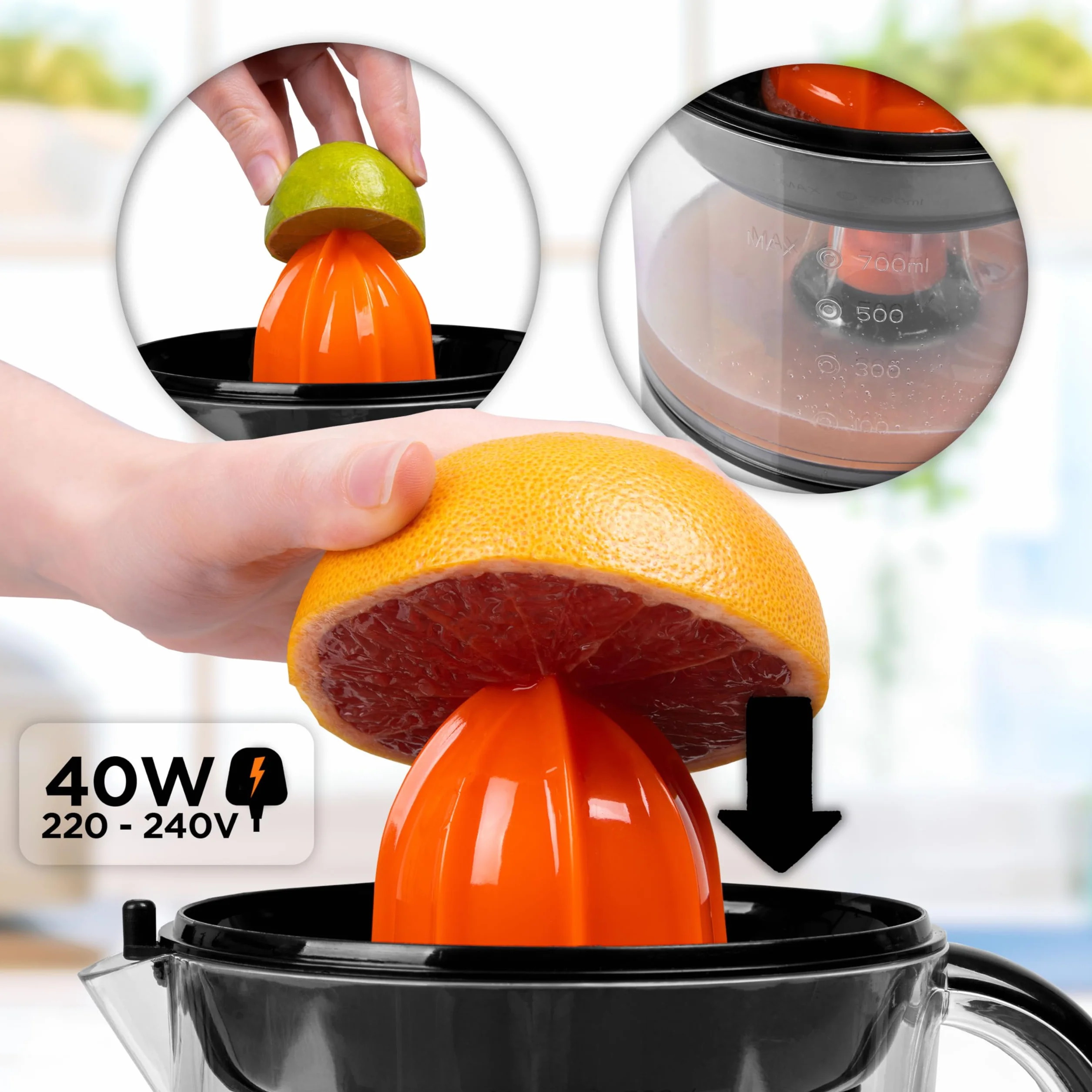 Duronic JE407 Elektryczna wyciskarka do cytrusów 40W dwa stożki | do cytryn pomarańczy grapefrutów limonki | pojemność 700ml praktyczne sitko dwustronna rotacja