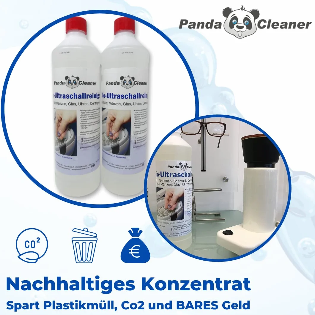 PandaCleaner Płyn do czyszczenia ultradźwiękowego – 250 ml koncentrat do okularów, produktów dentystycznych, złota, monet, szkła, zegarków (wodoodpornych) i wielu innych (250 ml)