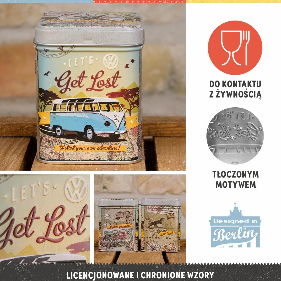 Nostalgic-Art Retro puszka na herbatę, 100 g, VW Bulli – Let's Get Lost – Pomysł na prezent dla miłośnika Volkswagena Busa, Official License Product (OLP), metalowy pojemnik na herbatę, Styl vintage