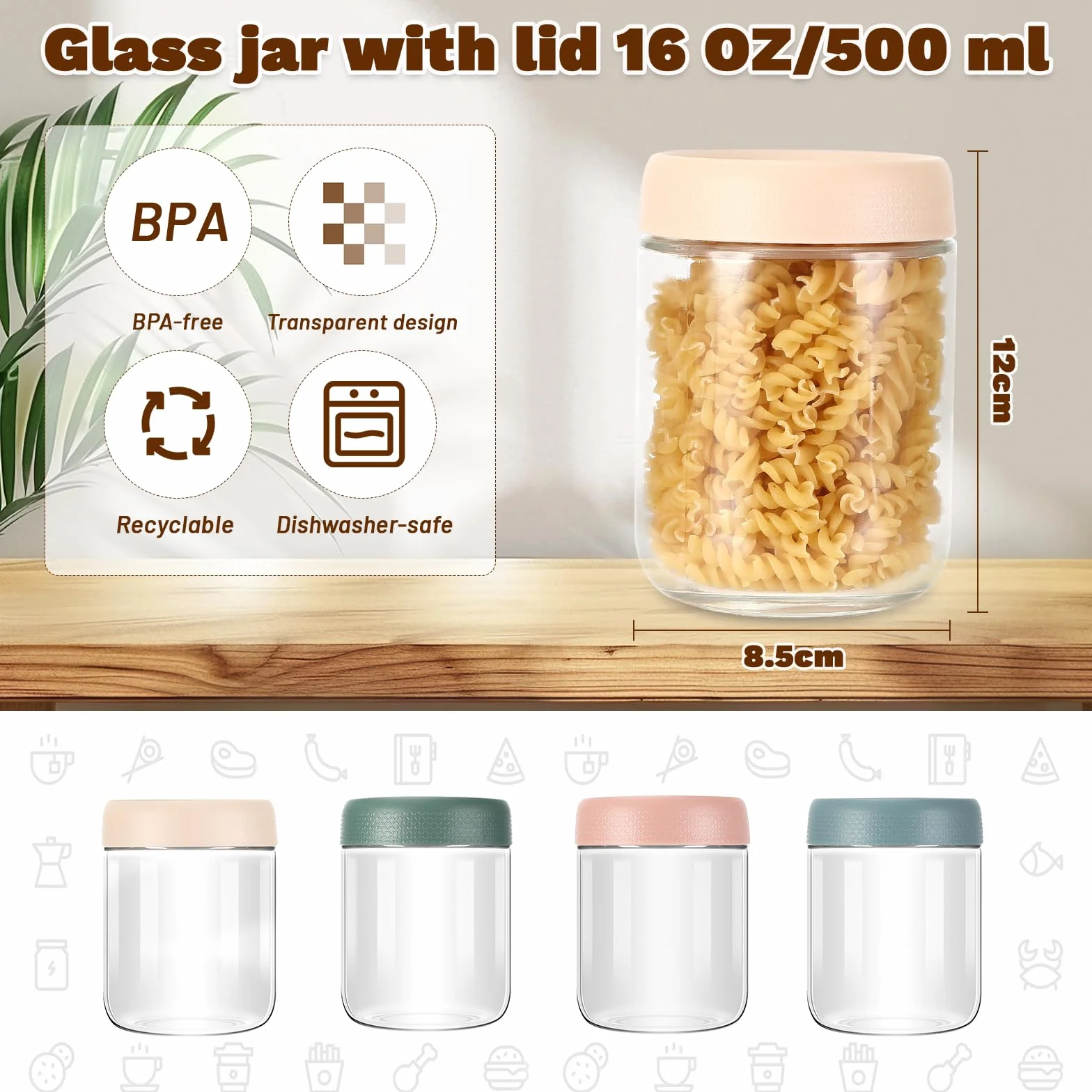 Słoiki Overnight Oats 500 ml z zakręcaną pokrywką, zestaw 4 sztuk