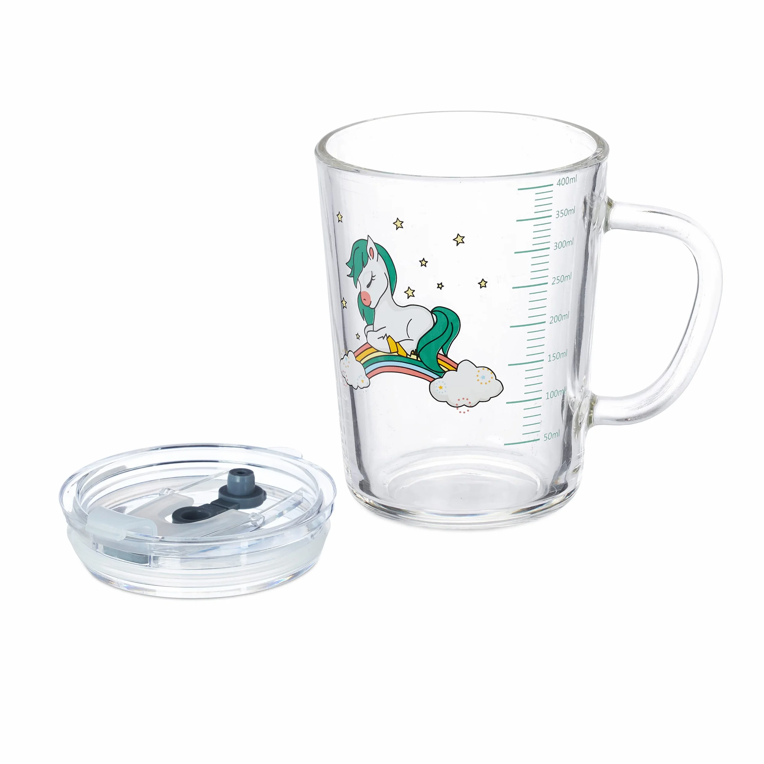 Relaxdays zestaw 2 szklanek ze słomkami, kubki na napoje z uchwytami, motyw konika, 400 ml, ze skalą, przezroczysty