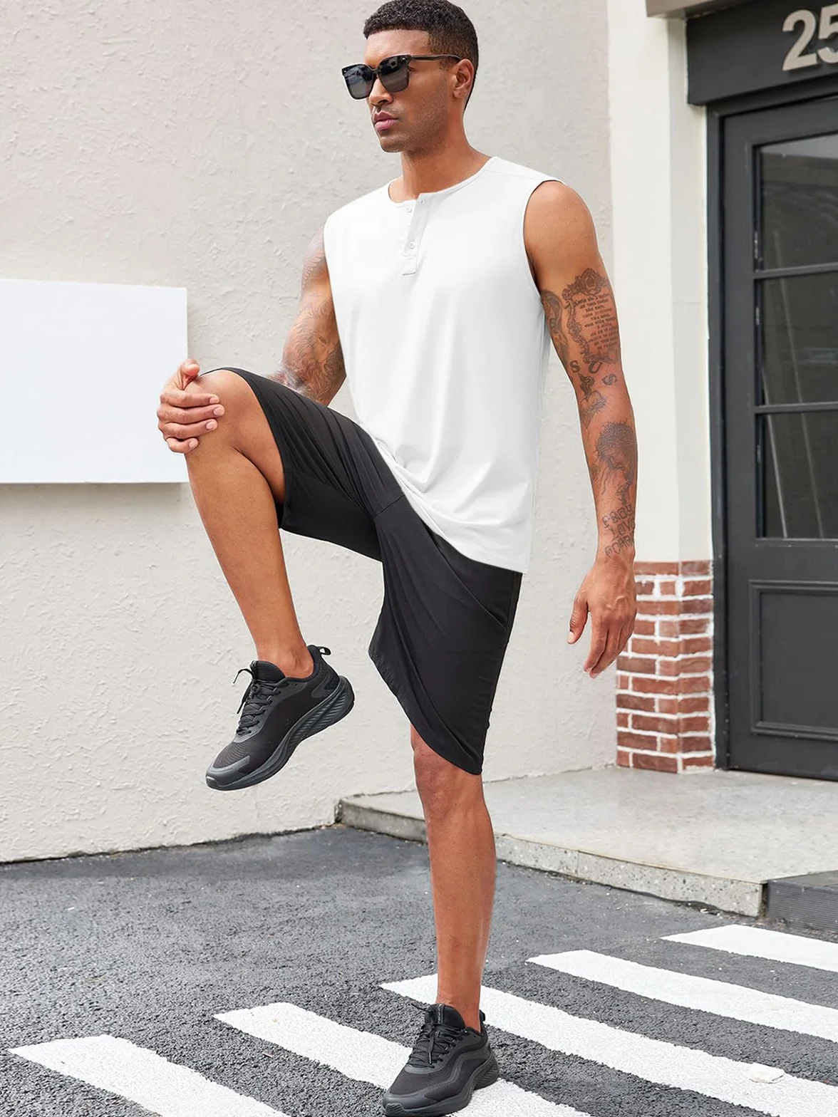 Runcati Męski tank top bez rękawów, na siłownię, fitness, Henley, jednokolorowy, slim fit, koszulka mięśniowa, luźna, basic, na lato, na plażę