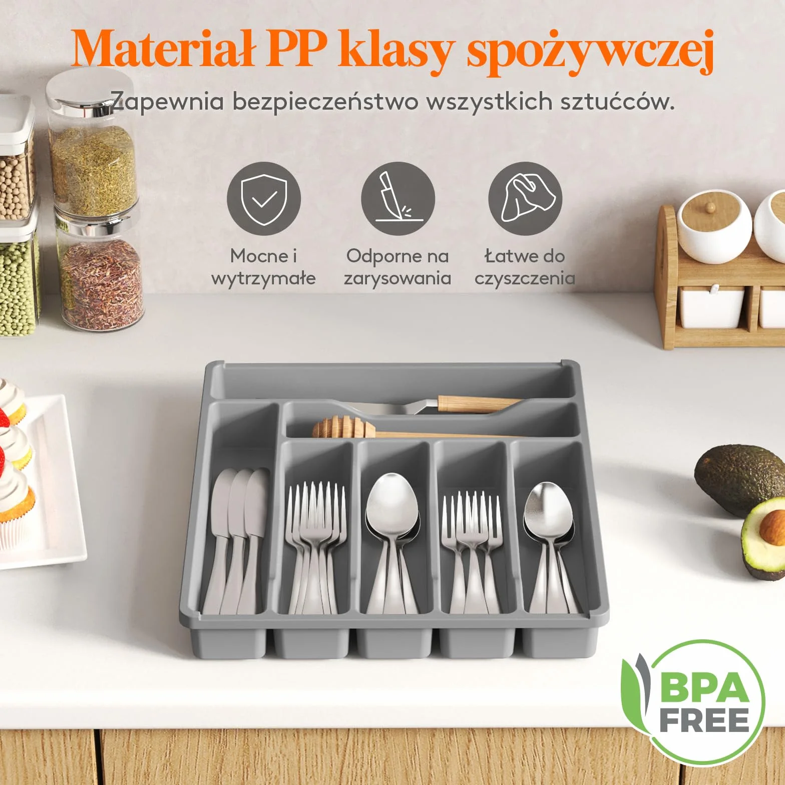 Organizer do szuflady na sztućce Lifewit, Plastikowa taca na sztućce do szuflady kuchennej, Uchwyt, Przegródka na Łyżki, Widelce, Noże, Zastawa stołowa, 7 przegródek, Szary