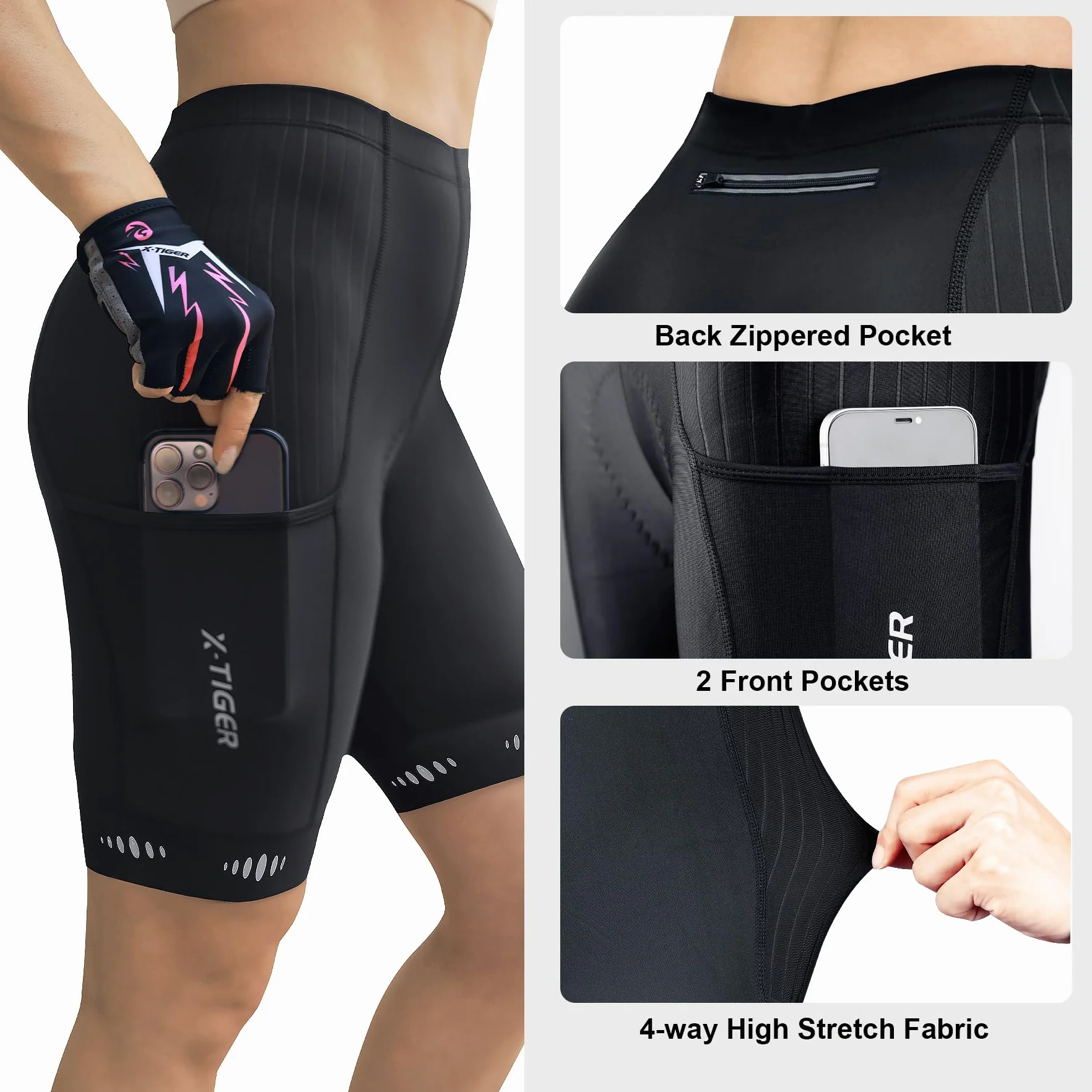 X-TIGER Damskie spodenki rowerowe z 5D żelowe wyściełane spodnie rowerowe damskie szybkoschnące spodenki rowerowe spodenki rowerowe z 3 kieszeniami
