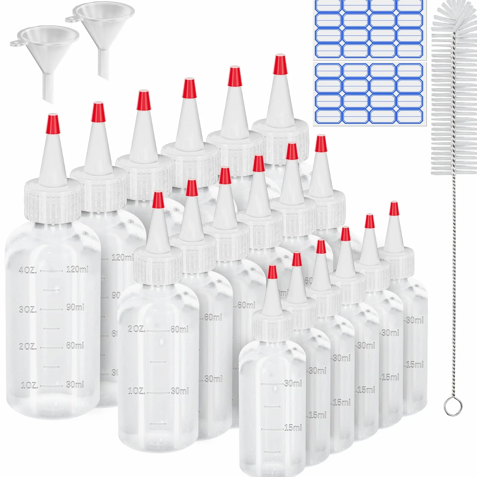 Butelka z rozpylaczem, 18 sztuk, butelka dozująca, butelka do wyciskania, 30 ml/60 ml/120 ml, butelki z rozpylaczem, z czerwonymi końcówkami i nakrętkami, lejki, etykiety, szczotki do sosu sojowego