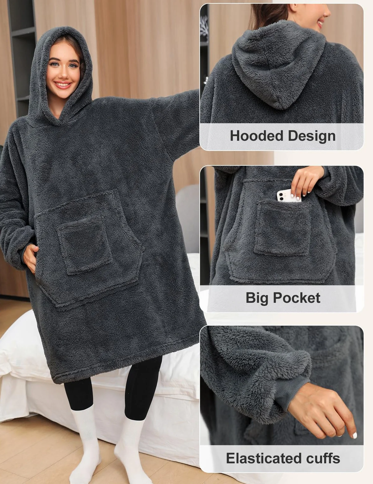 Tuopuda Damska bluza z kapturem, zimowa sukienka sweter, ciepła tkanina polarowa, bluza z kieszenią, szlafrok z długim rękawem, prezent na Boże Narodzenie