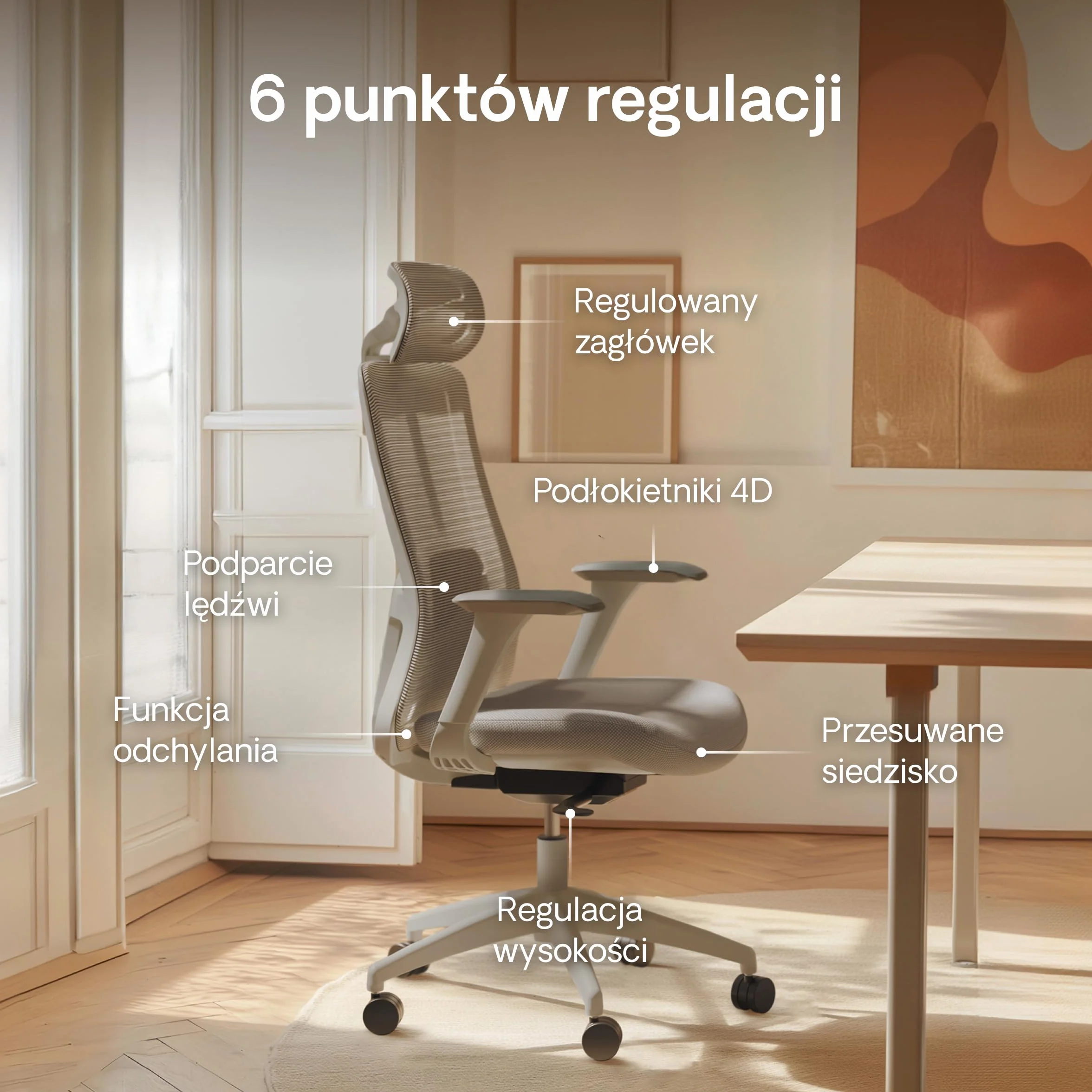 Desktronic Regulowane Ergonomiczne Krzesło Biurowe z Podparciem Lędźwiowym, Regulacja Wysokości, Oddychająca Tkanina