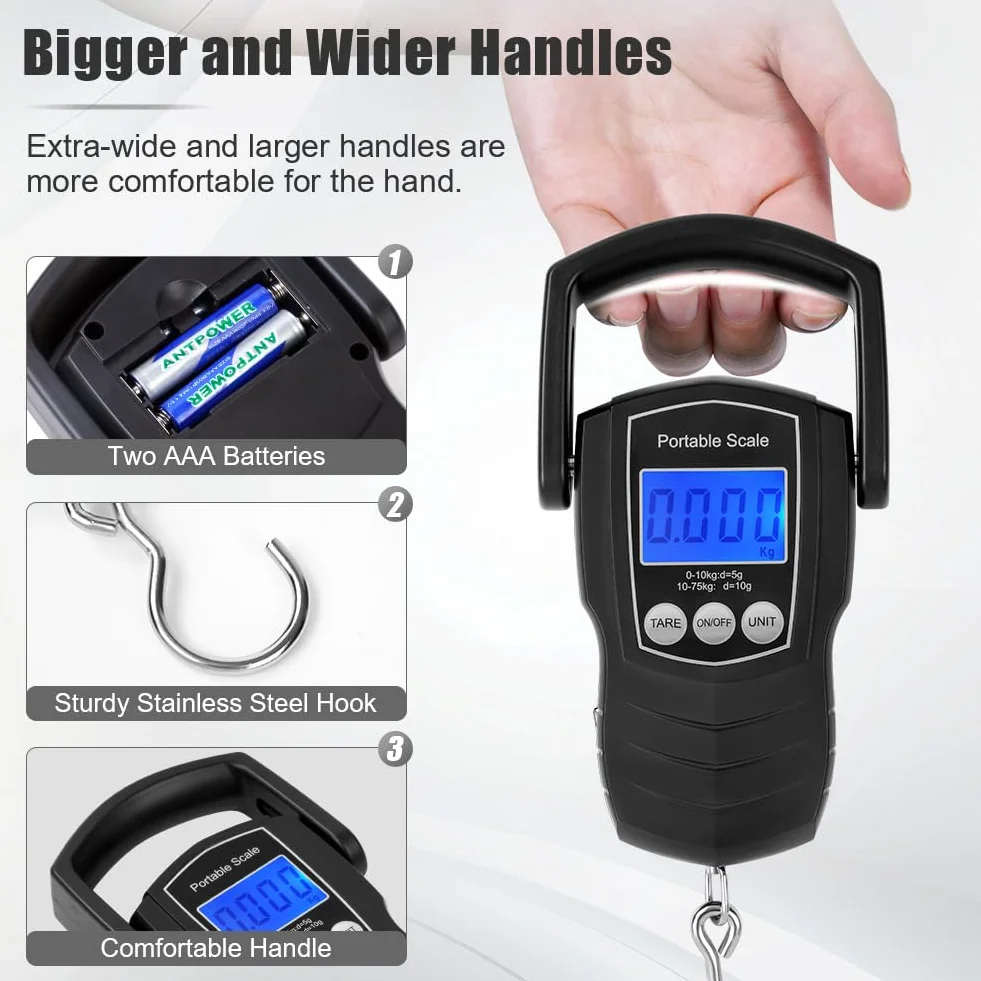 Flintronic Cyfrowa waga bagażowa, 165 lbs/75 kg, przenośna waga bagażowa, z podświetlanym wyświetlaczem LCD, wisząca waga wędkarska z taśmą pomiarową, odpowiednia do podróży i domu