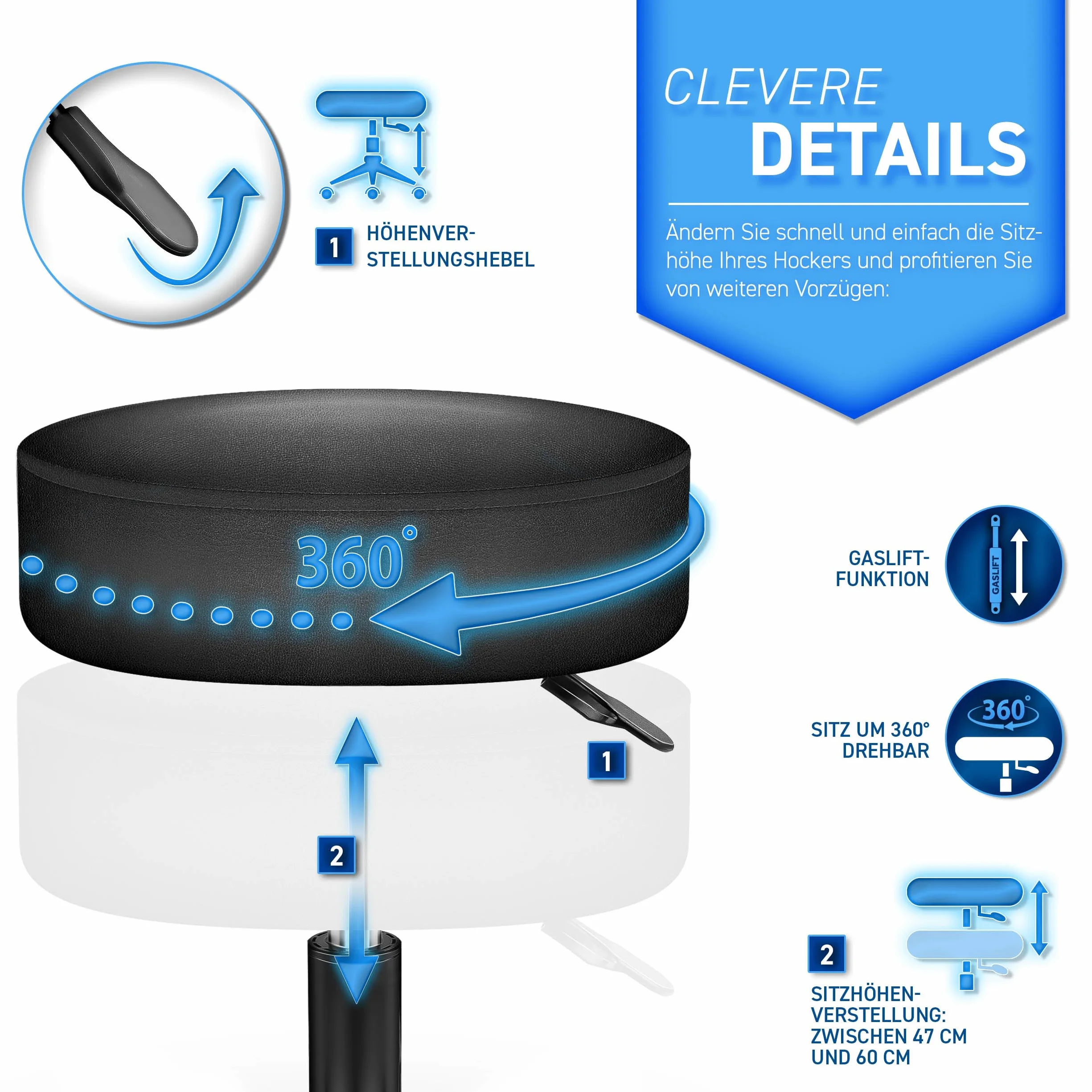 TRESKO® Krzesło obrotowe biurowe na kółkach, regulowana wysokość, obrót 360°, poduszka 10 cm, czarny