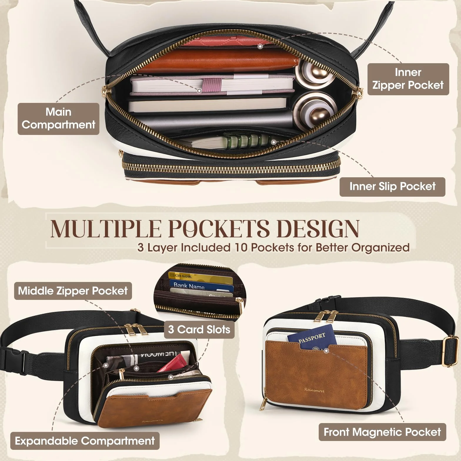 RAINSMORE Fanny Pack dla kobiet, skórzany pasek torba wodoodporna, Czarny Brązowy Biały, Kobiety