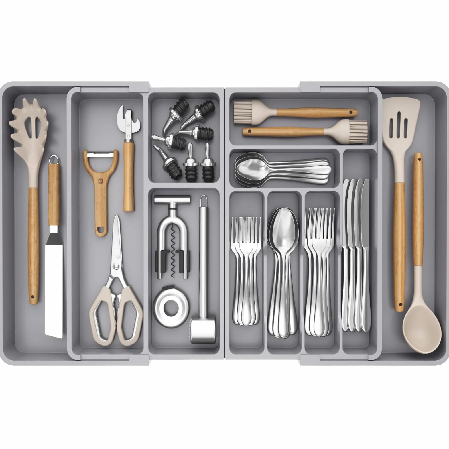 Lifewit Duży Organizator Szuflad Srebrnych, Plastikowa Taca na Naczynia do Kuchni, Rozszerzalna od 45.1cm do 91.4cm, Regulowana Płaska Łyżka na Nóż Widelcowy Uchwyt na Gadżety, Szary