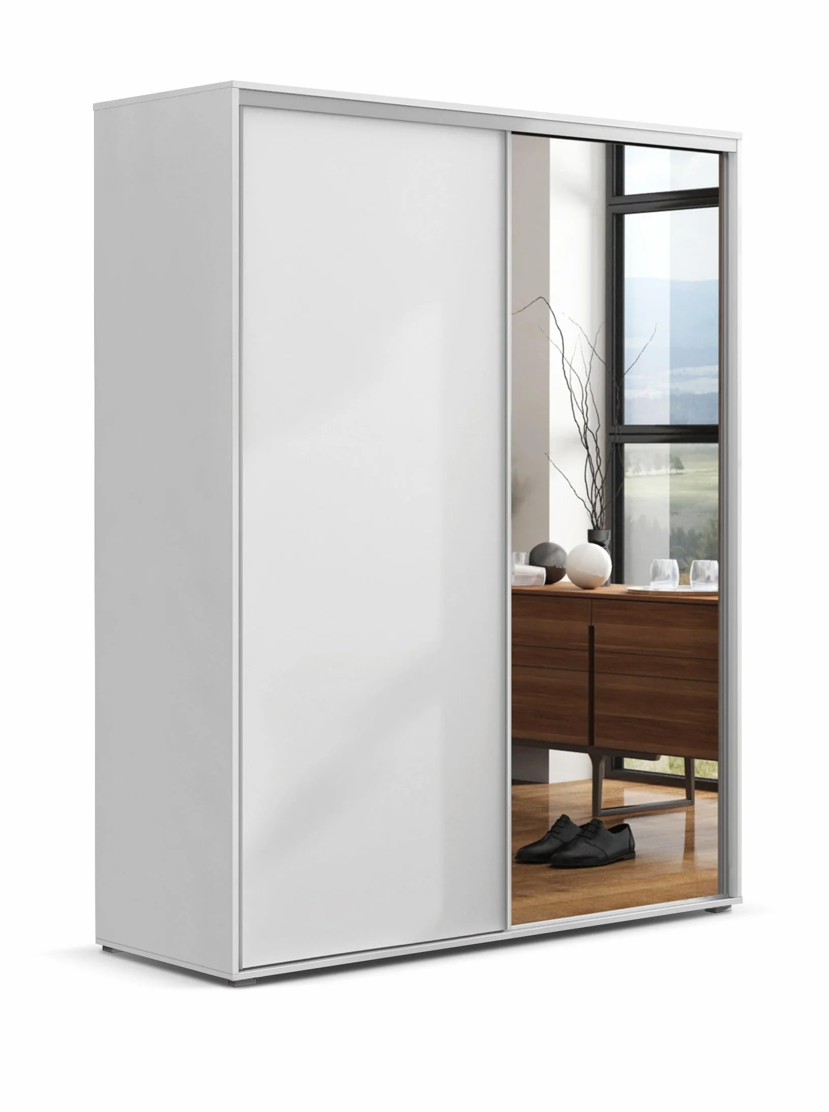 B&M Furniture Duża szafa z drzwiami przesuwnymi i lustrem 230 cm szerokości 245 cm wysokości biała