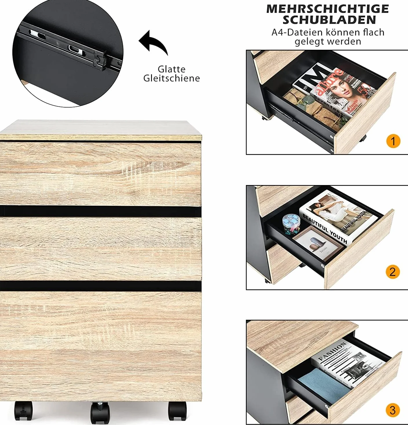 COSTWAY Kontener na kółkach z 3 szufladami, szafka biurowa z zabezpieczeniem przed przewróceniem, 39 x 53 x 58 cm, naturalny