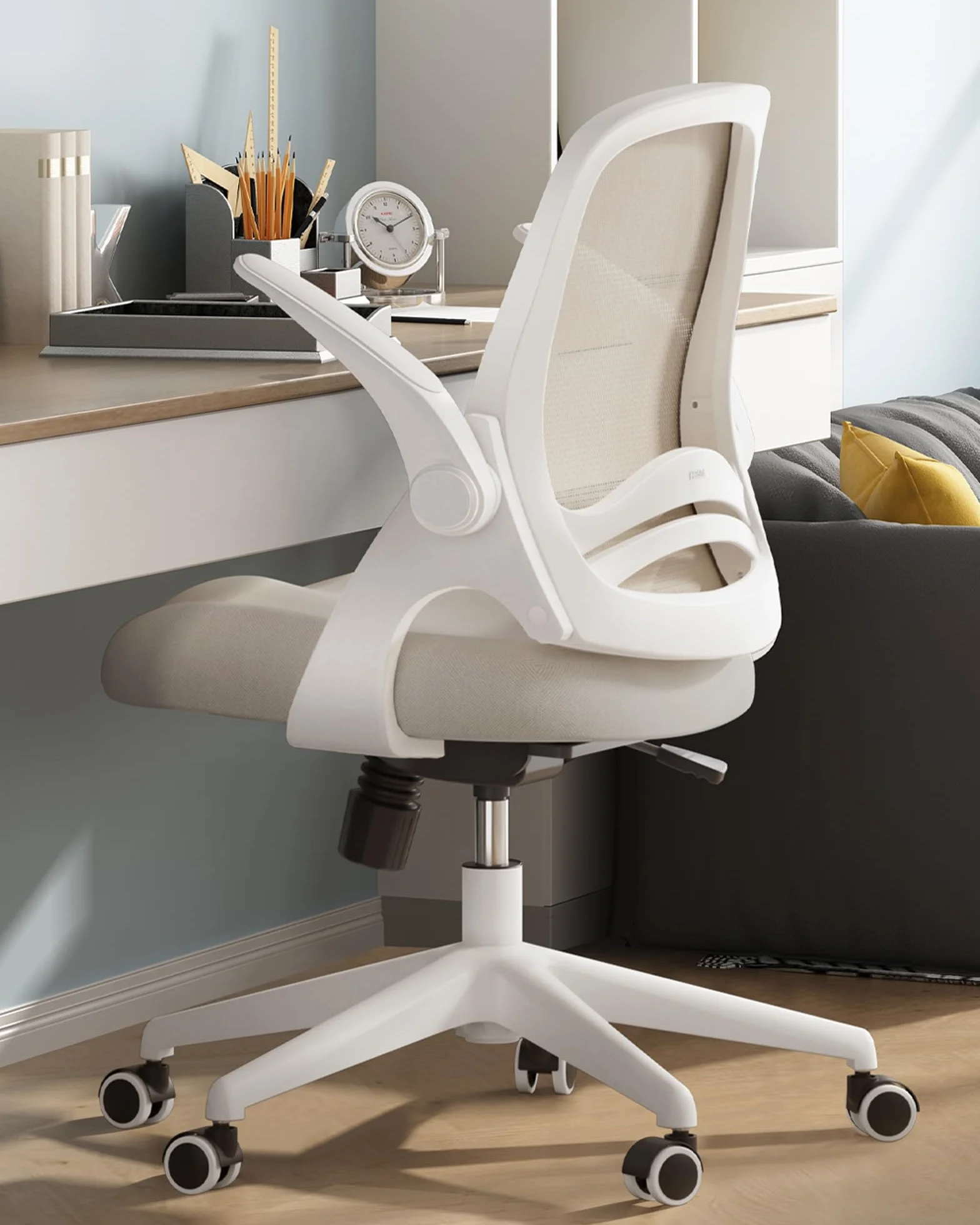 Hbada Ergonomiczne krzesło biurowe fotel z rozkładanym podłokietnikiem płócienne siedzisko obrotowe 360° szare