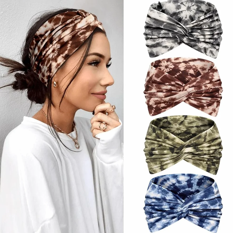 Kavya Opaska na Głowę Damska, Bandana Print, 4 Sztuki, 10 cm Szerokości, Elastyczna, Boho Style, do Jogi i Sportu (Niebieski, brązowy, szary, zielony)