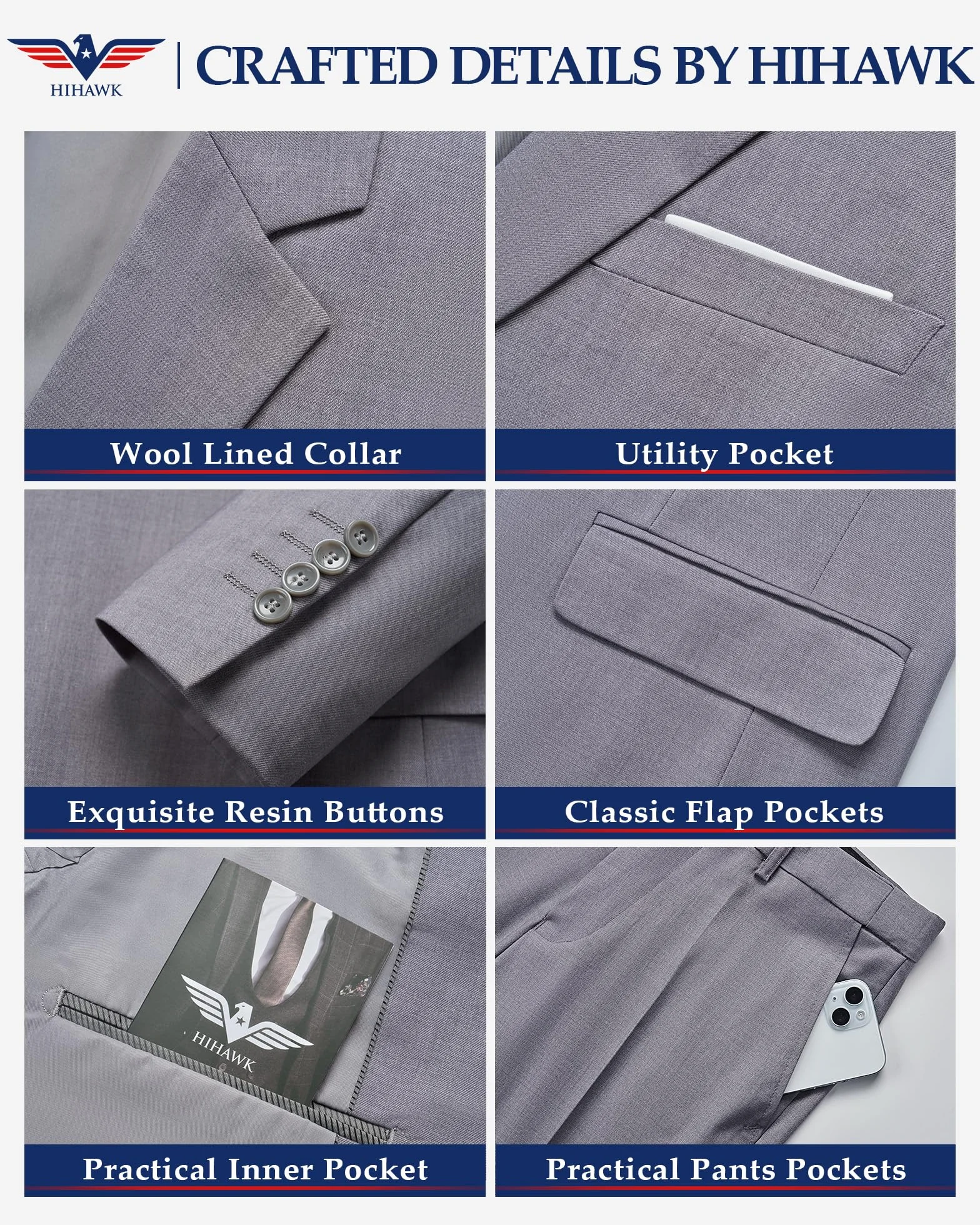 Hihawk Męski 3-częściowy zestaw garniturowy z krawatem, jednokolorowa marynarka slim fit, kamizelka i spodnie, garnitury dla mężczyzn, na wesele, przyjęcie, do biznesu
