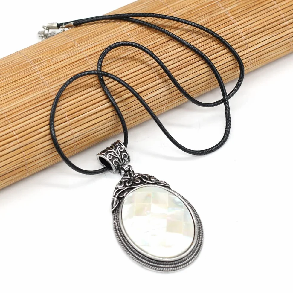 Charms naszyjnik z muszli Abalone naturalny klejnot kamień różany różowy wisiorek kwarcowy etniczne szykowne naszyjniki dla kobiet biżuteria (Size : 55cm, Color : Black Agate)