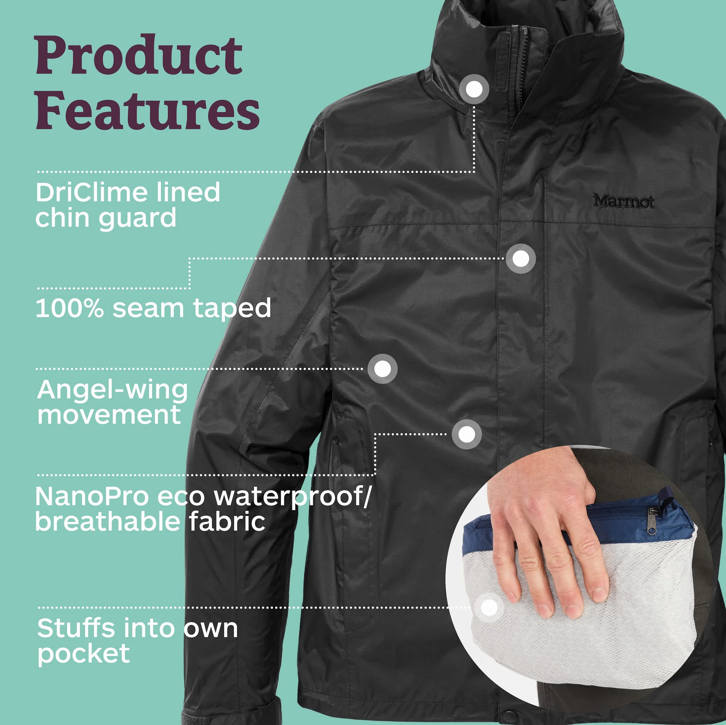 Marmot Meżczyzni PreCip Eco Jacket S22, Wodoodporna kurtka przeciwdeszczowa