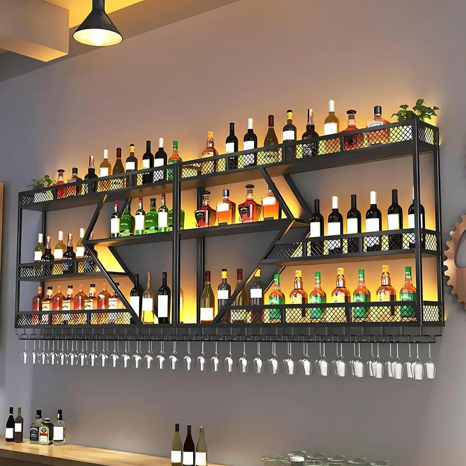 Metalowy regał na wino z oświetleniem LED i modułowym uchwytem na butelkę wina do domu