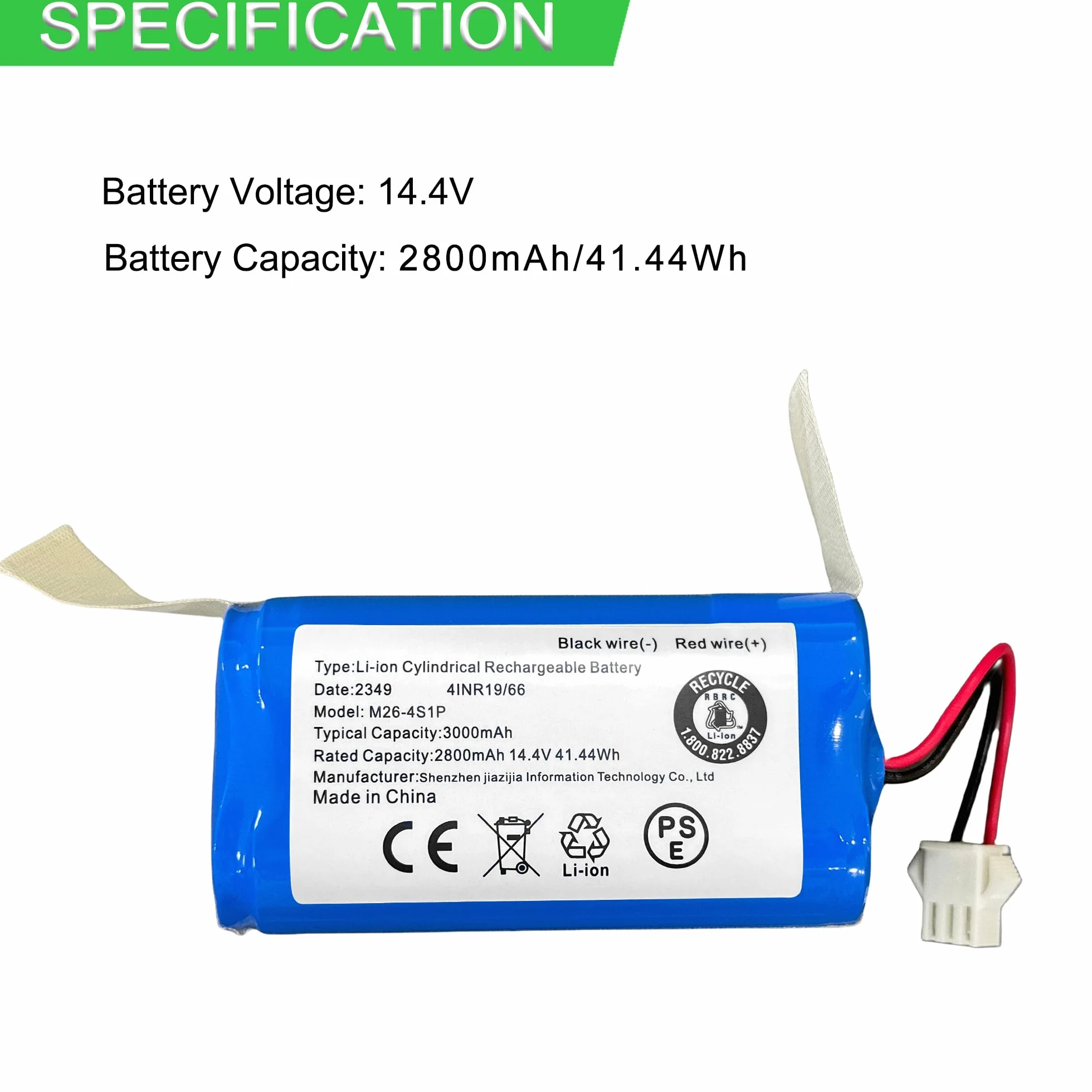 XITAIAN 14,4 V 2800 mAh INR18650 M26-4S1P Li-Ion akumulator zamienny do Shark RV700 RV720 RV725 RV750, Eufy RoboVac 11/11S/11S MAX, Proscenic 850T, Ecovacs DEEBOT N79 N79S RoboVac akumulator (wtyczka