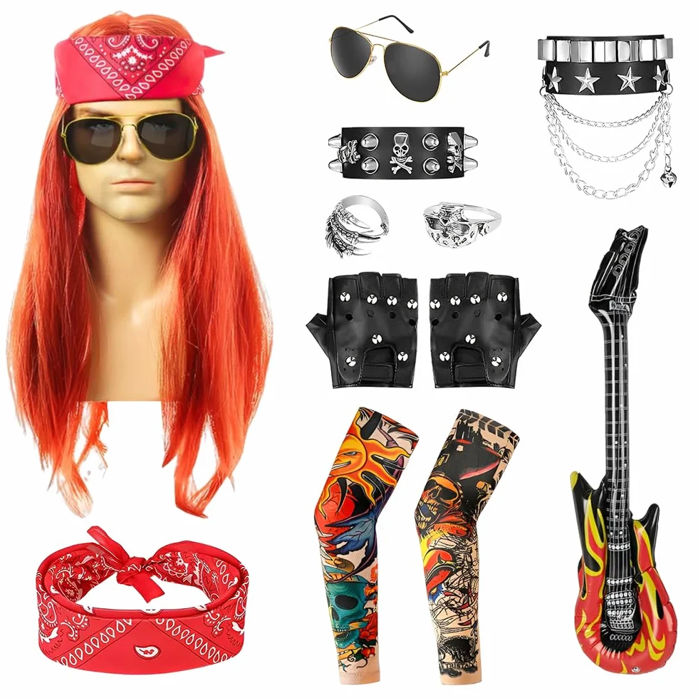 Męski kostium Rocker Star z lat 70-80-tych, ADDLIVE 9 sztuk punk rock dla mężczyzn z zabawnymi perukami, rękawy z tatuażami, bransoletka z ćwiekami, chustka na gitarę rękawiczki okulary