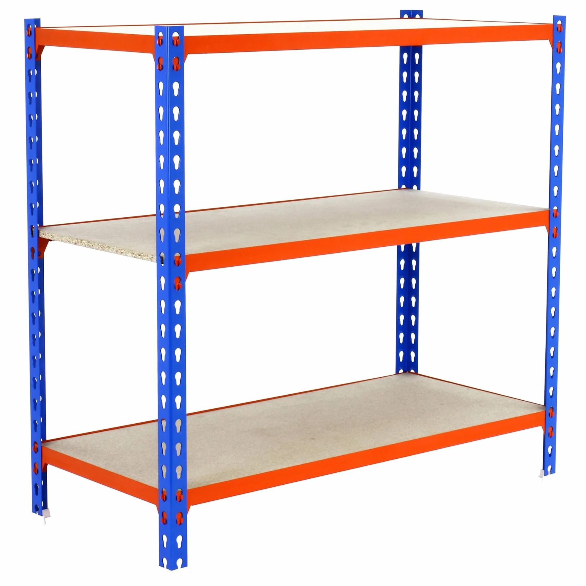 Simon Rack Regał metalowy z półkami z płyty MDF 900x1100x400 mm, 3 półek, nośność 200 kg na półkę, regał magazynowy i garażowy, stabilna konstrukcja, Niebieskie/Pomarańczowe/Ocynkowane – SimonClassic