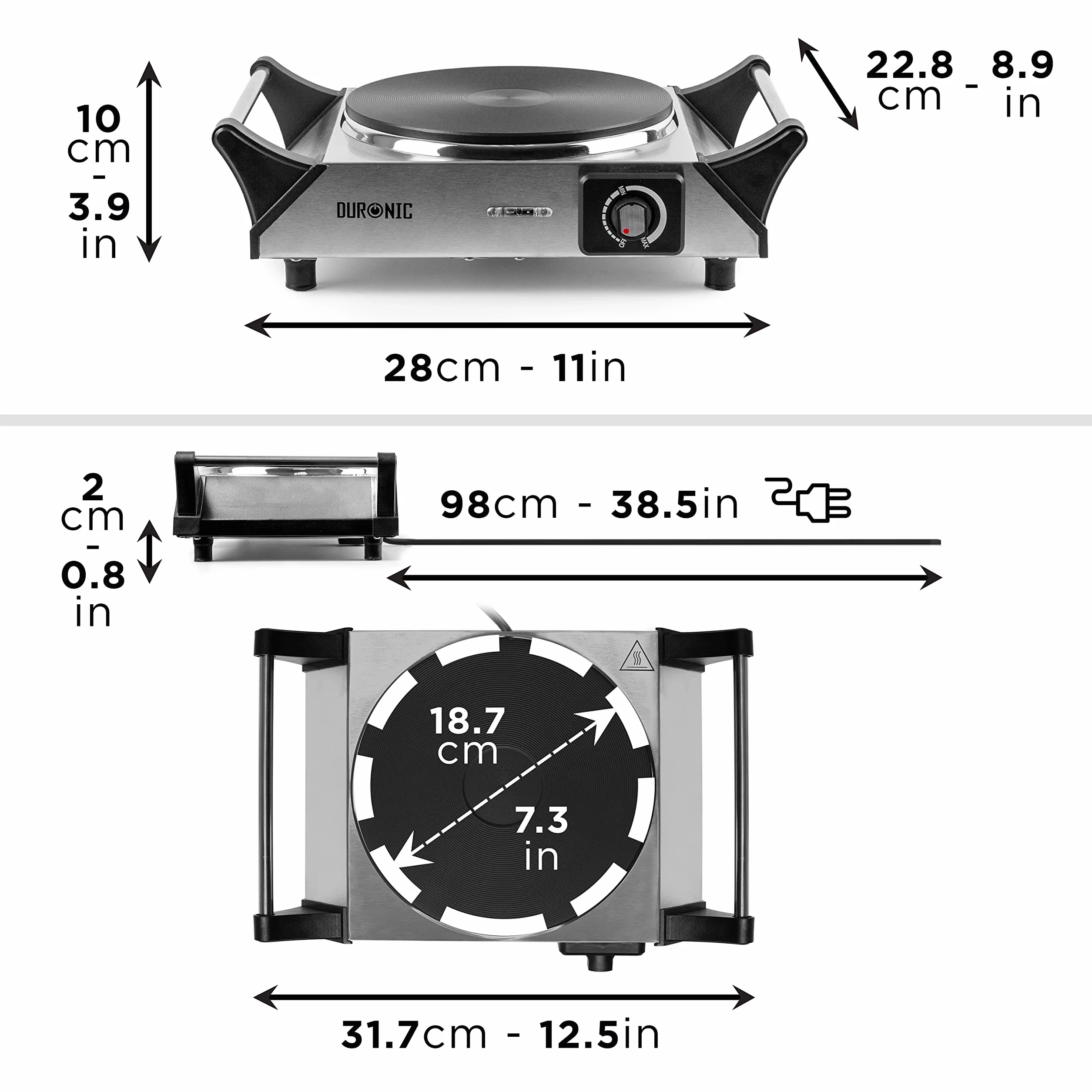Duronic HP1 SS płyta kuchenna, elektryczna pojedyncza płyta grzewcza, płyta kuchenna ze stali nierdzewnej, bezstopniowa regulacja temperatury, uchwyty do noszenia, 1500 W, kemping