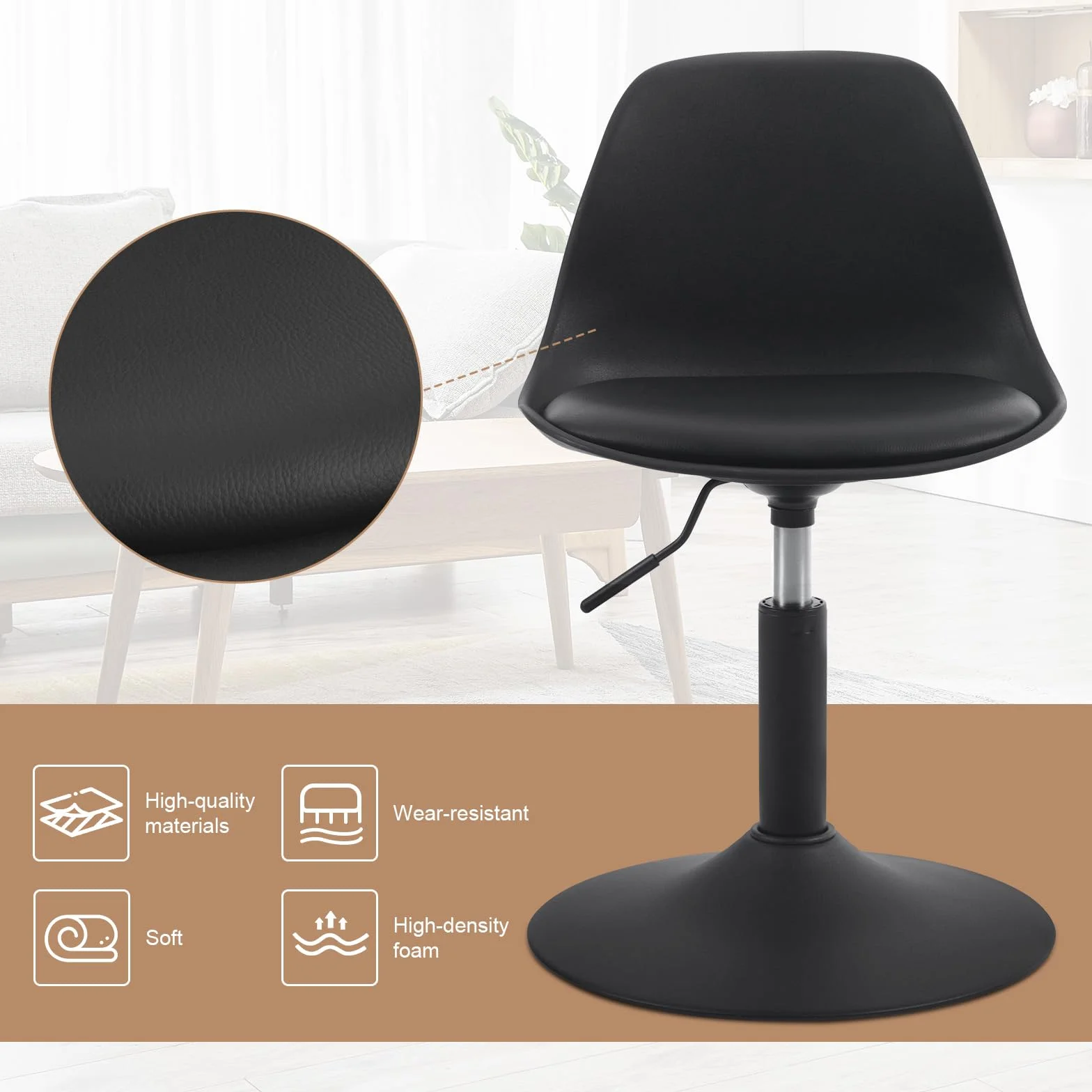 WOLTU stołek barowy z regulacją wysokości, obrotowy 360°, PP+PU, czarny, 39,5-50,5cm
