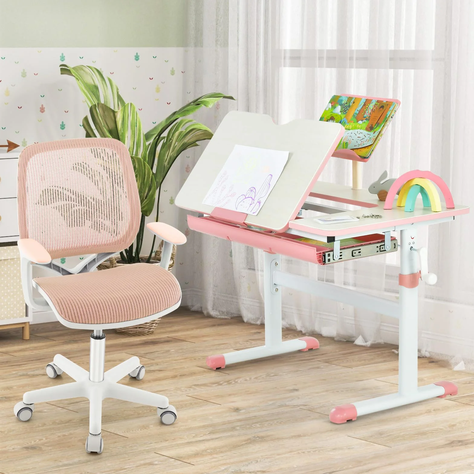 COSTWAY Dziecięce Krzesło Biurowe Obrotowe 360° z Regulacją Wysokości 43-55 cm, Ergonomiczne Krzesło Młodzieżowe z Podłokietnikami i Kółkami, Stabilne i Komfortowe
