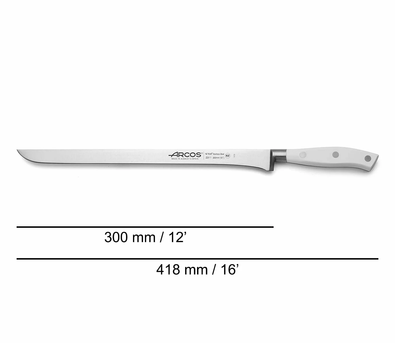 Arcos nóż do szynki Riviera Blanc 300 mm kuta stal nierdzewna POM biały